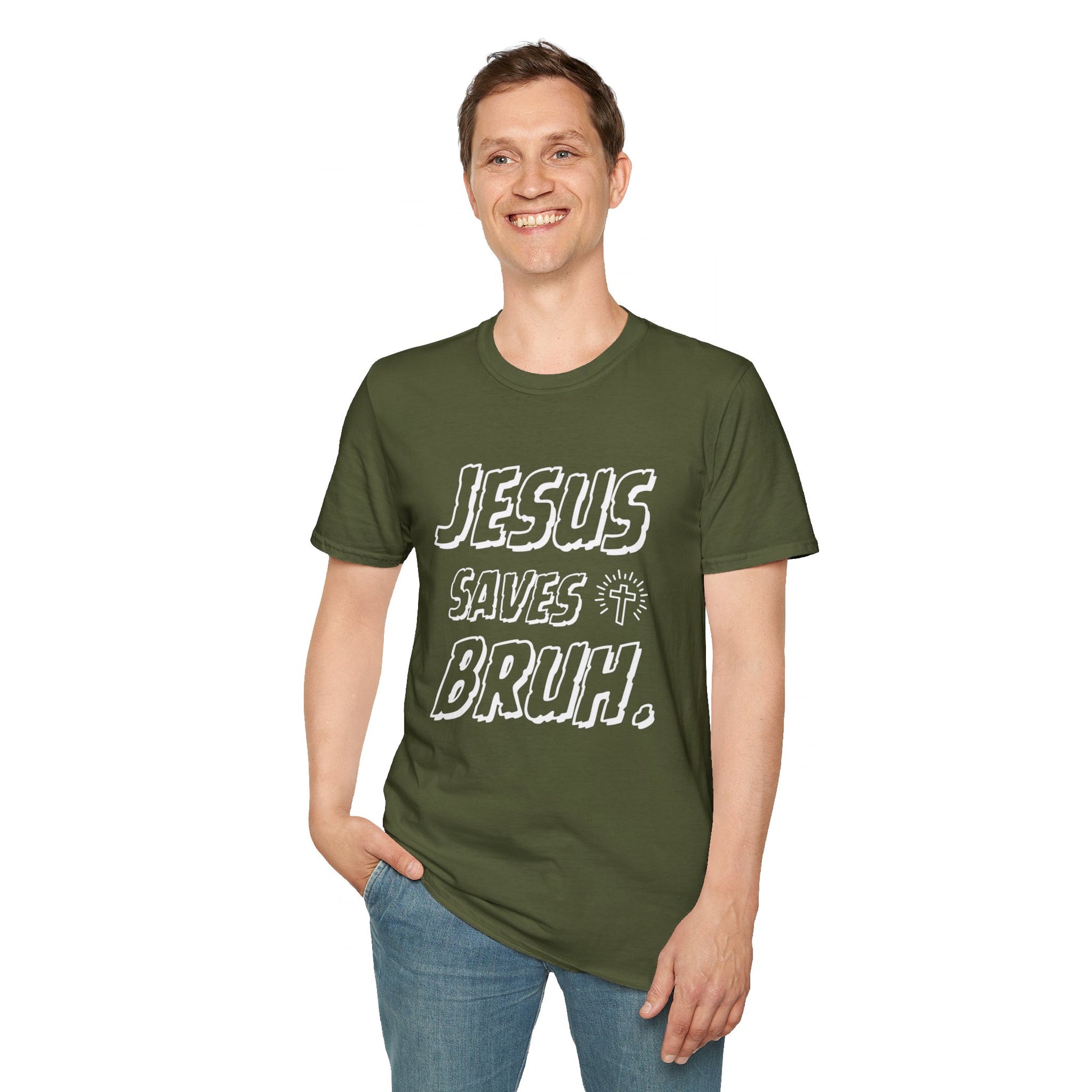Jesus Saves Bruh Men's Tshirt (White Logo) - Sweet Baby Jeez Teez