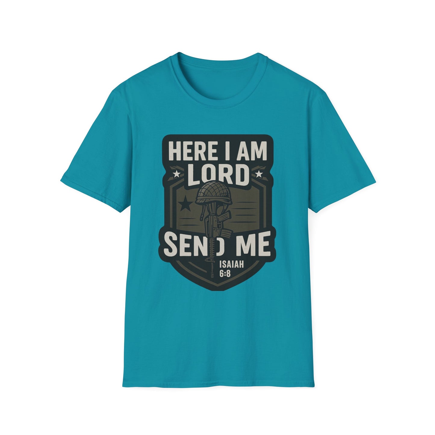 "Here I Am Lord Send Me" Bible Verse Inspirational Faith T-Shirt (Military Logo)