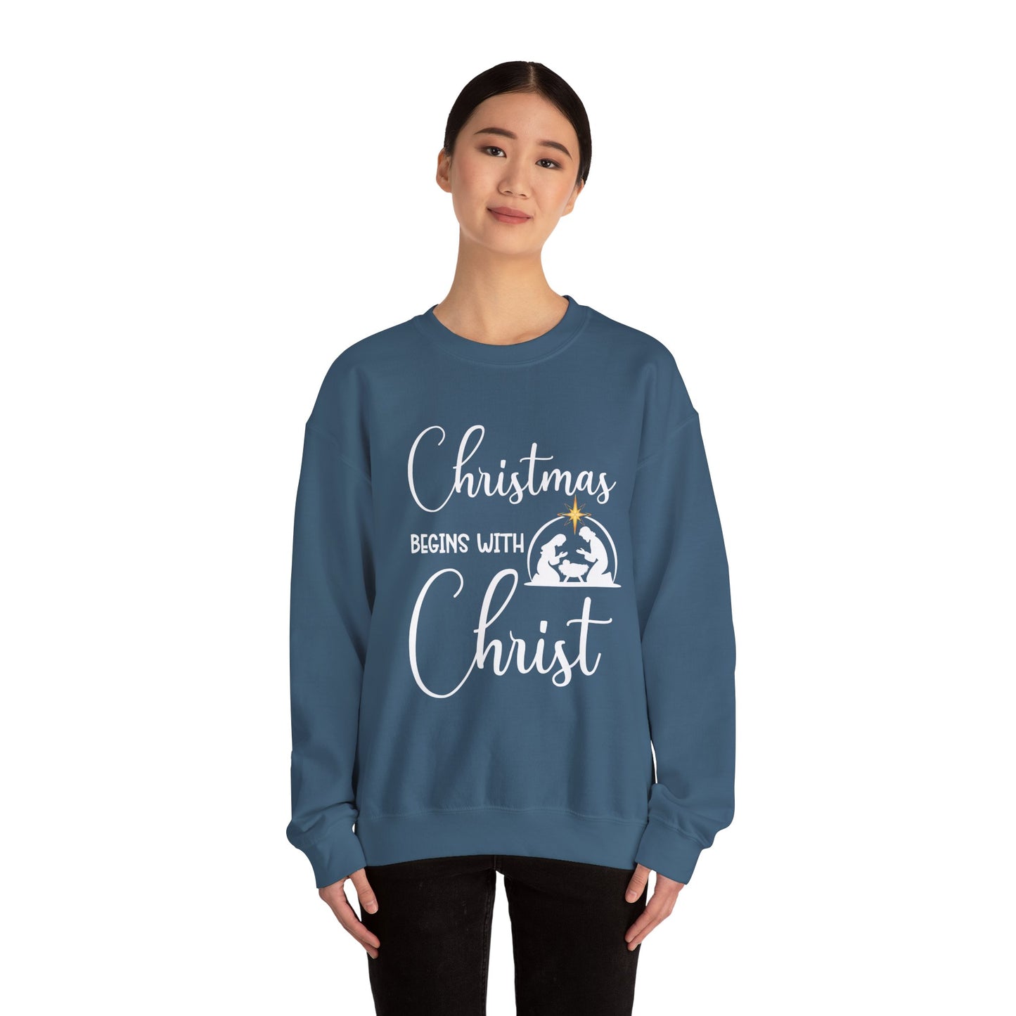 Christmas Begins with Christ Heavy Crewneck Sweatshirt (White/Gold Logo) - Sweet Baby Jeez Teez