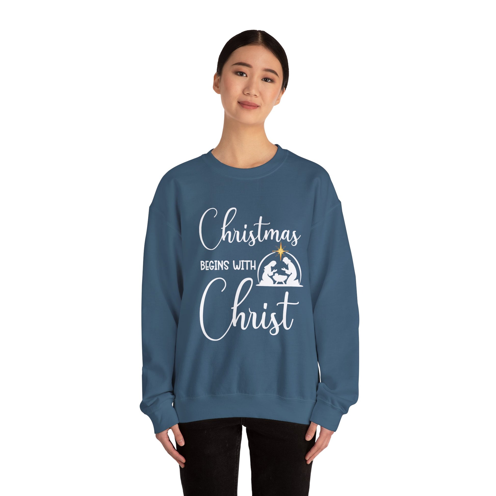 Christmas Begins with Christ Heavy Crewneck Sweatshirt (White/Gold Logo) - Sweet Baby Jeez Teez