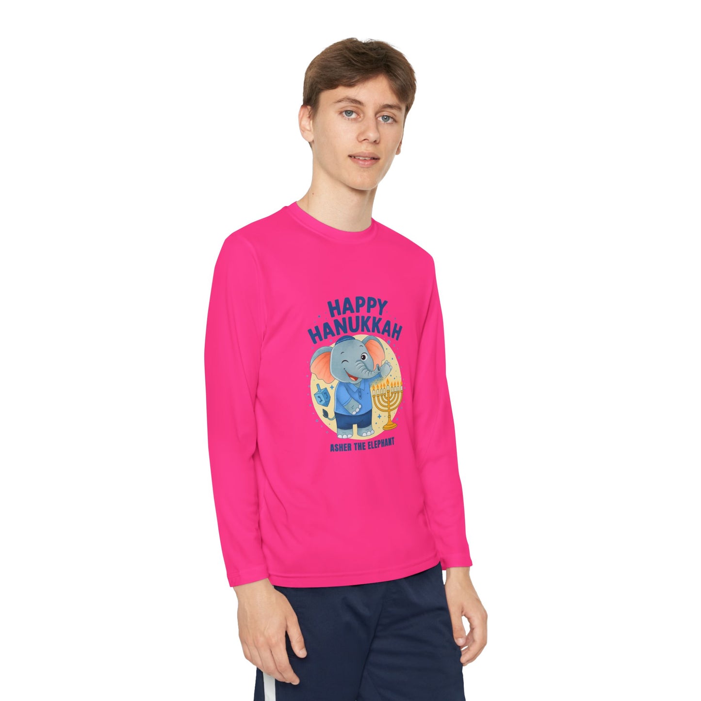 Happy Hanukkah Asher Kids Long Sleeve T-shirt (Wink Logo)