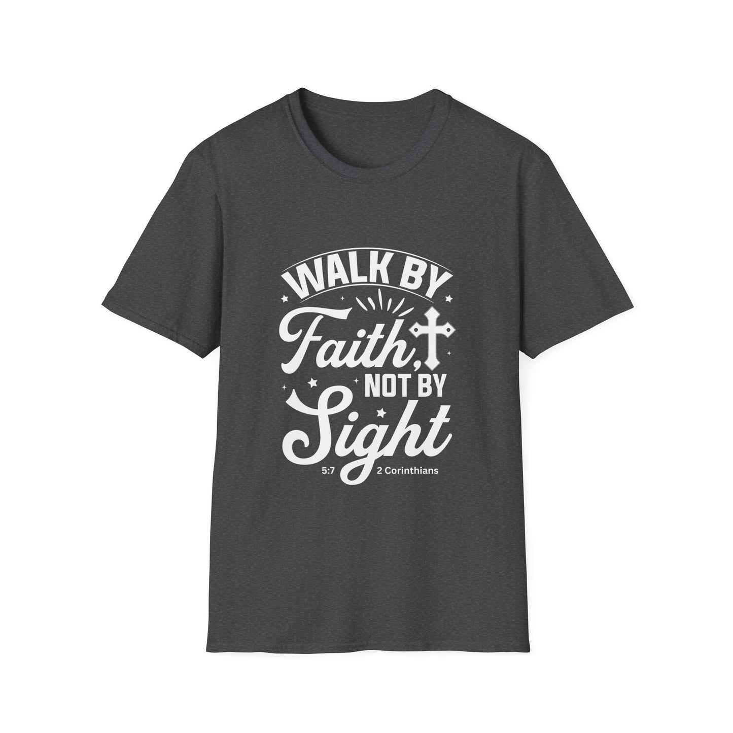 Walk by Faith 2 Corinth. 5:7 Bible Verse Christian Softstyle Tshirt (White Logo)