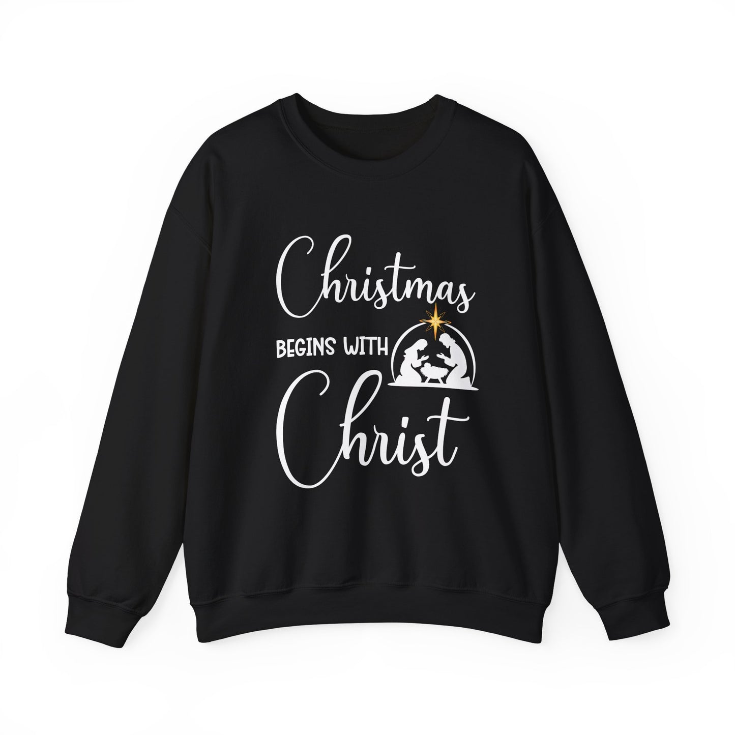Christmas Begins with Christ Heavy Crewneck Sweatshirt (White/Gold Logo) - Sweet Baby Jeez Teez