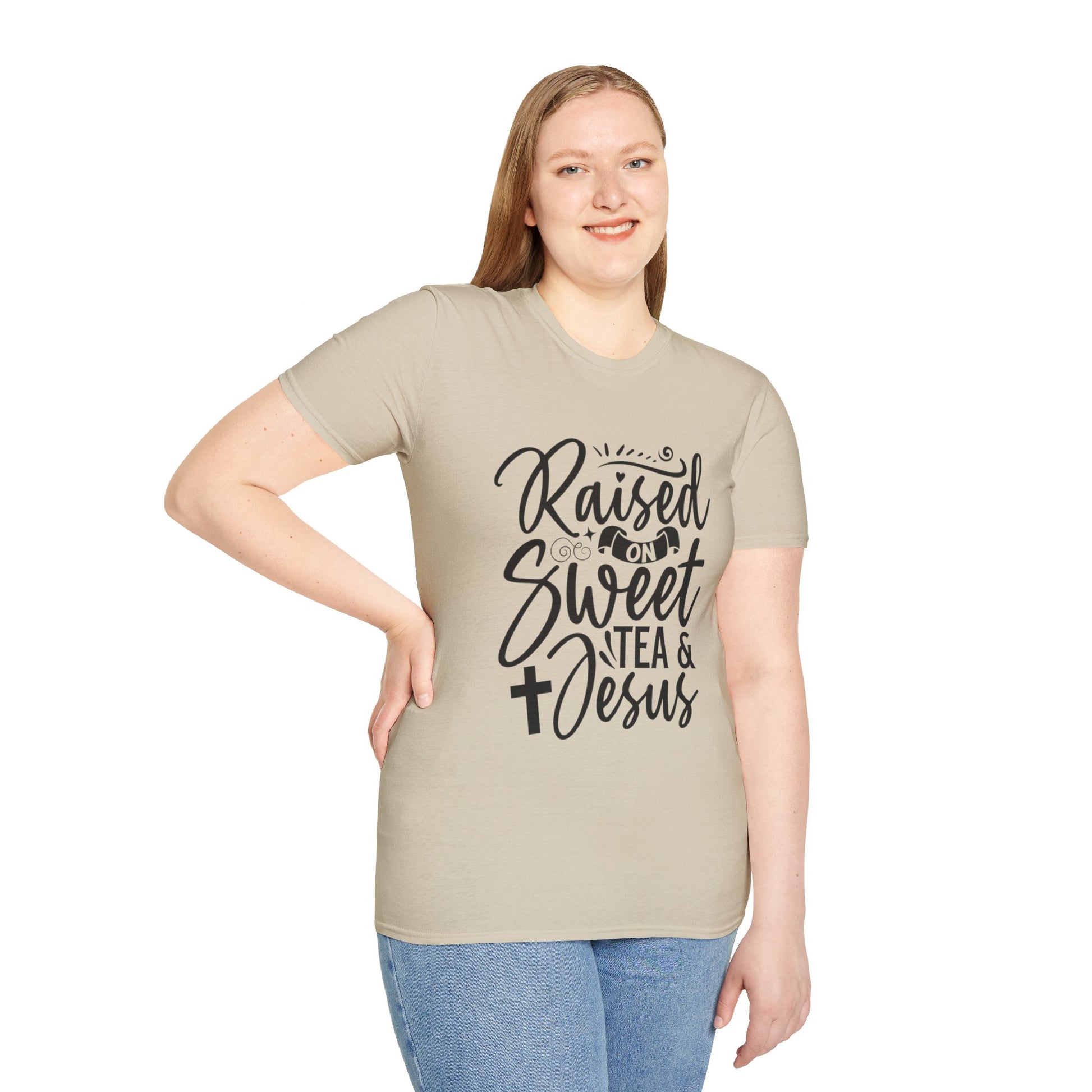 Sweet Tea and Jesus Women's Relaxed/Plus Tshirt (Black Logo) - Sweet Baby Jeez Teez