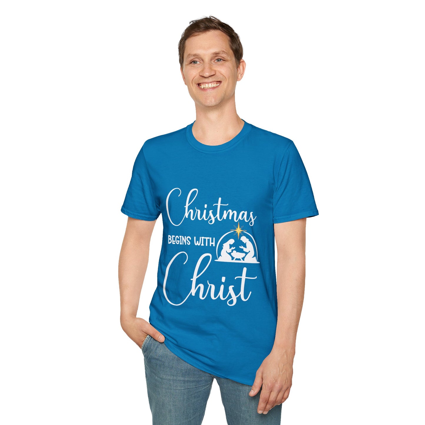 Christmas Begins with Christ Men's Tshirt (White/Gold Logo)