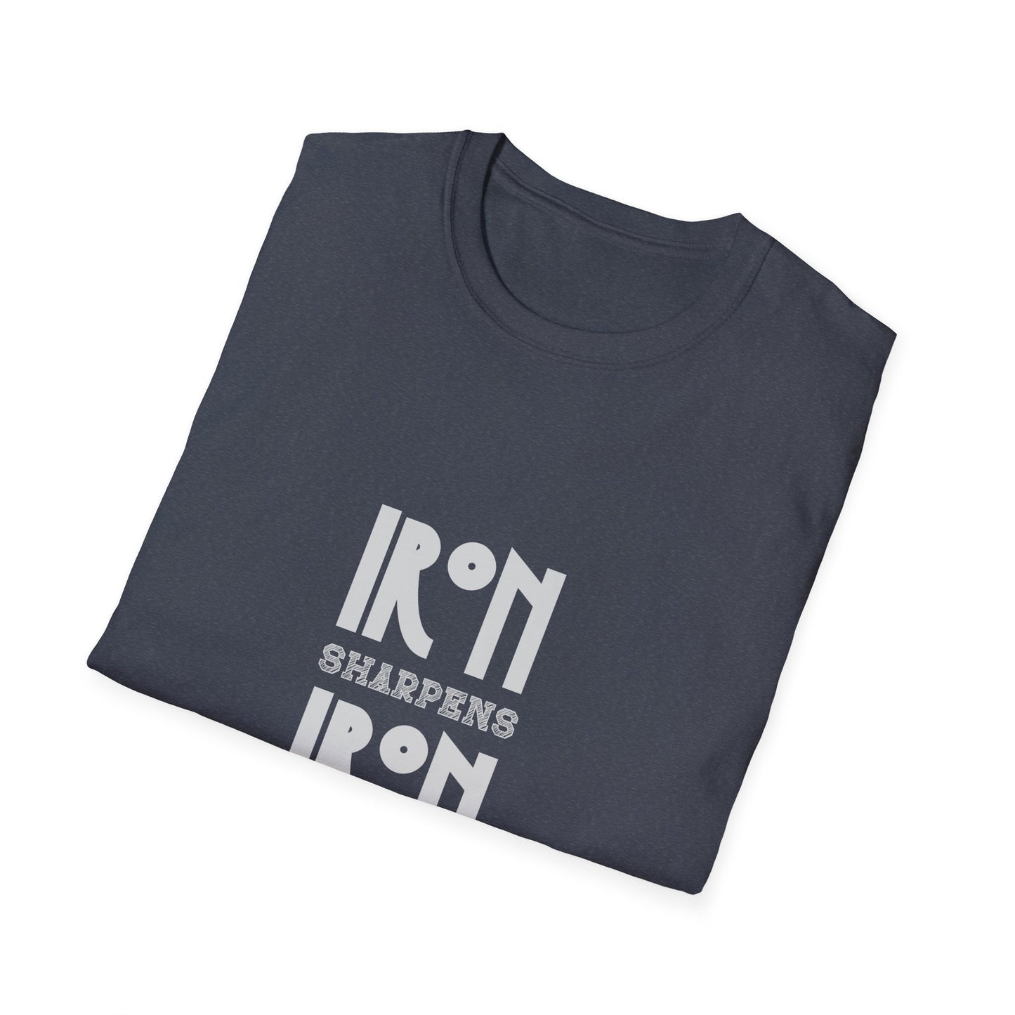 "Iron Sharpens Iron" Bible Verse Christian Inspirational Softstyle Tshirt (Gray Logo)