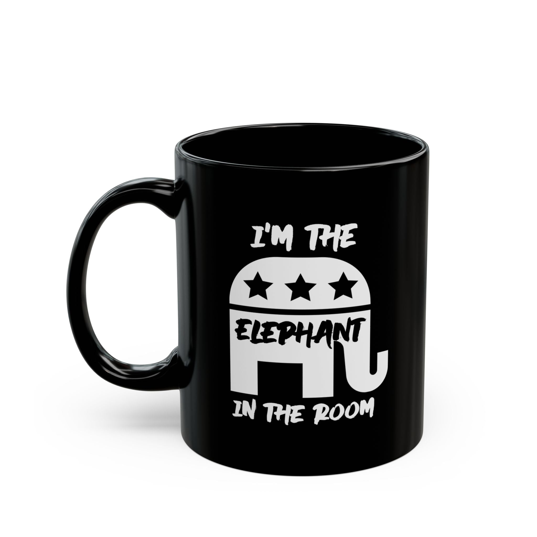 Elephant in Room Black Mug (White Logo)