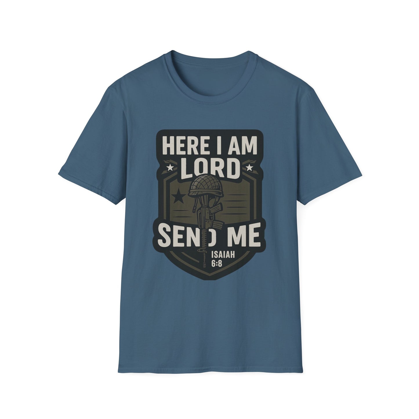 "Here I Am Lord Send Me" Bible Verse Inspirational Faith T-Shirt (Military Logo)