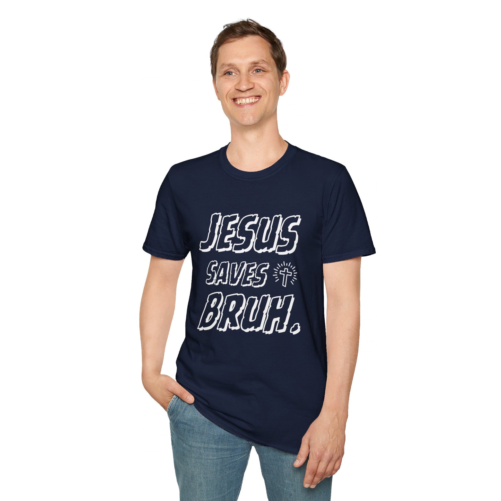 Jesus Saves Bruh Men's Tshirt (White Logo) - Sweet Baby Jeez Teez