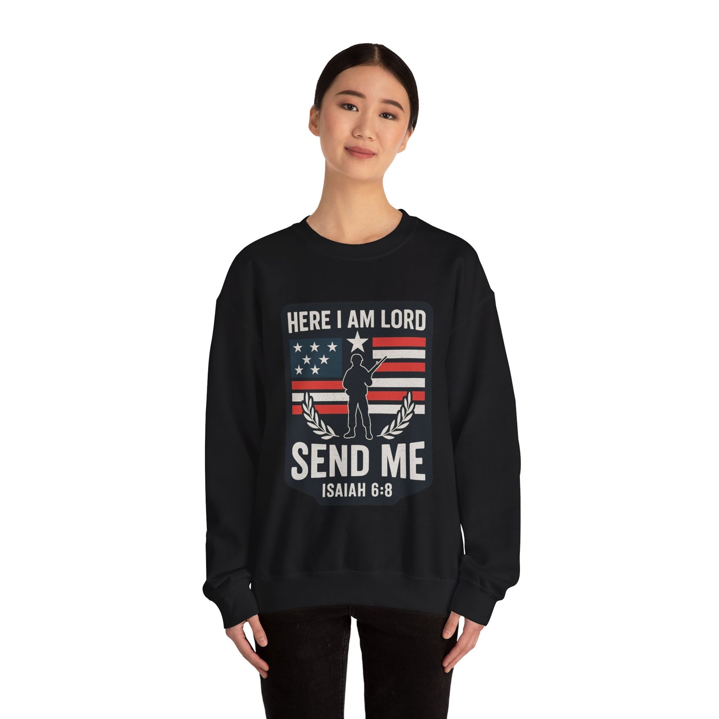 "Here I Am Lord" Isaiah 6:8 Bible Verse Christian Sweatshirt (Soldier Logo)