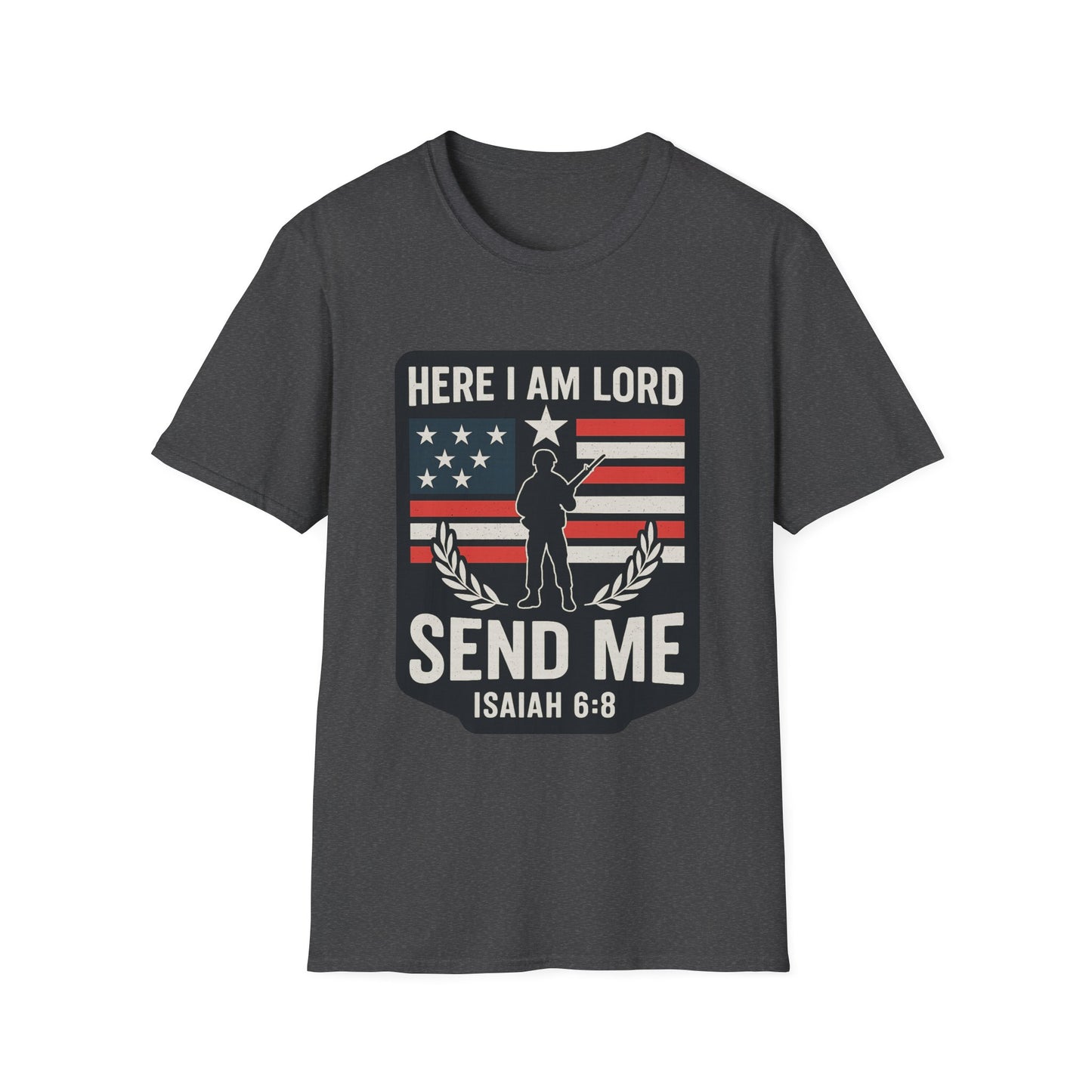 "Here I Am Lord" Isaiah 6:8 Bible Verse Christian Tshirt (Soldier Logo)
