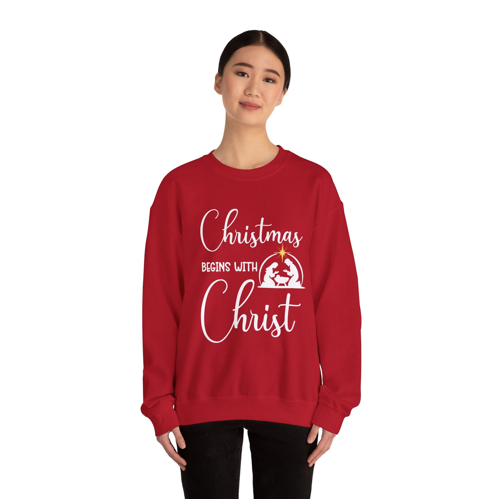 Christmas Begins with Christ Heavy Crewneck Sweatshirt (White/Gold Logo) - Sweet Baby Jeez Teez