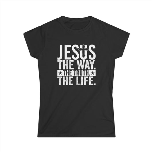 "Jesus The Way, The Truth, The Life" Women's Fitted Tshirt (White Logo) - Sweet Baby Jeez Teez