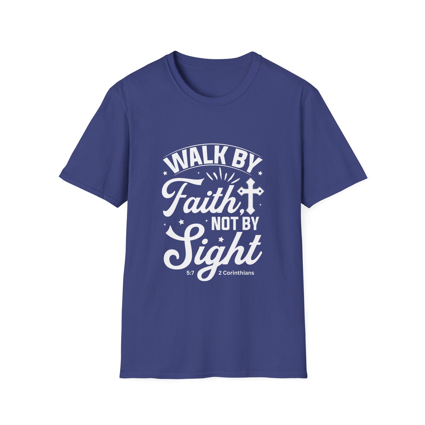 Walk by Faith 2 Corinth. 5:7 Bible Verse Christian Softstyle Tshirt (White Logo)