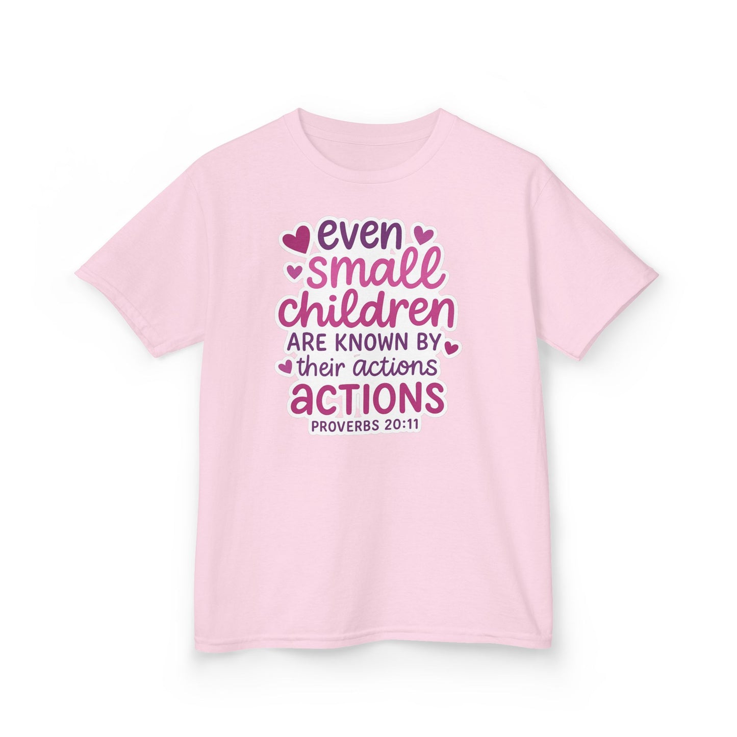 "Even Small Children" Proverbs 20:11 Girl's Bible Verse Tshirt (Pink Logo)