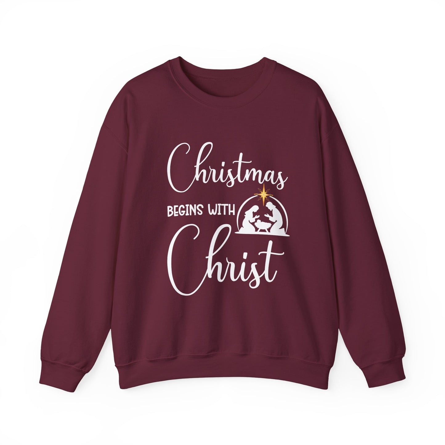 Christmas Begins with Christ Heavy Crewneck Sweatshirt (White/Gold Logo) - Sweet Baby Jeez Teez