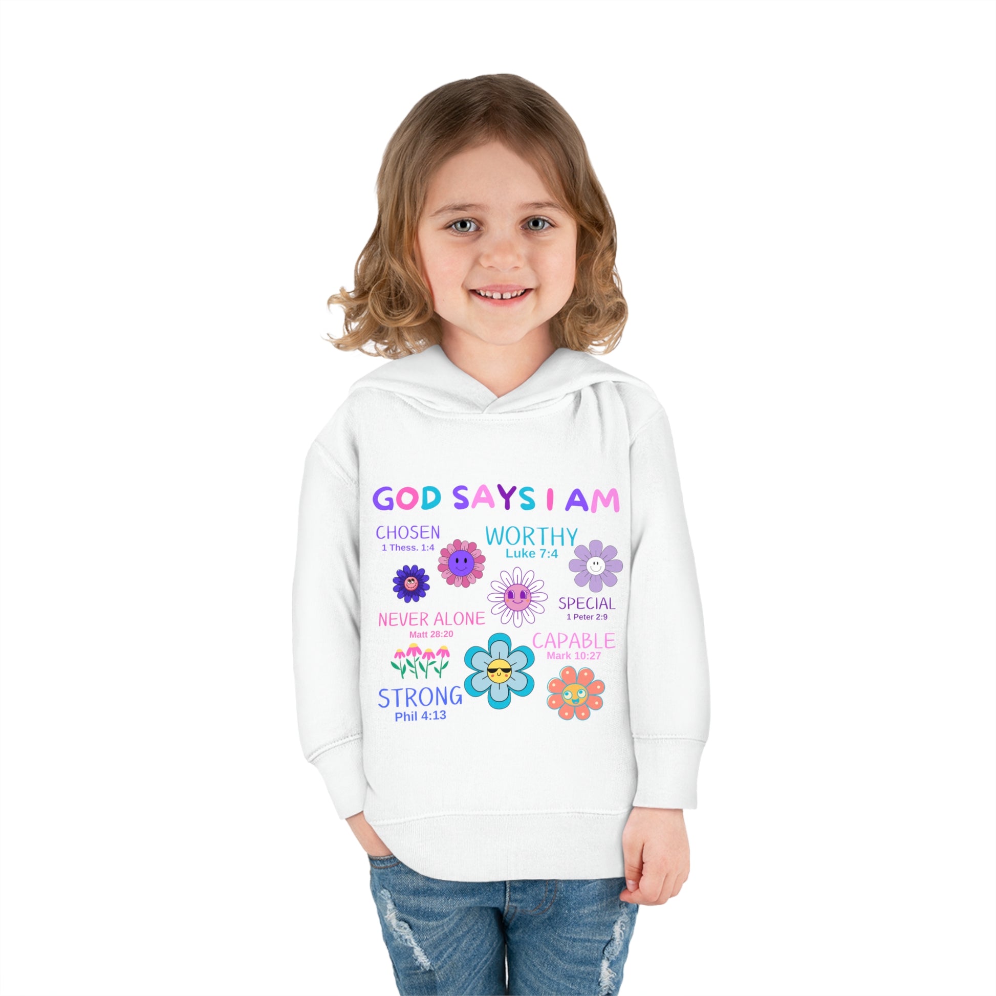God Says I Am Toddler Fleece Hoodie (Flower Logo) - Sweet Baby Jeez Teez
