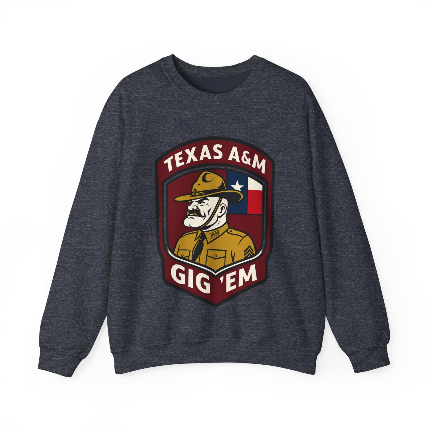 Gig 'Em Aggies Old Sarge Crest Texas A&M Soft Cozy Sweatshirt (Texas Flag Logo 3)