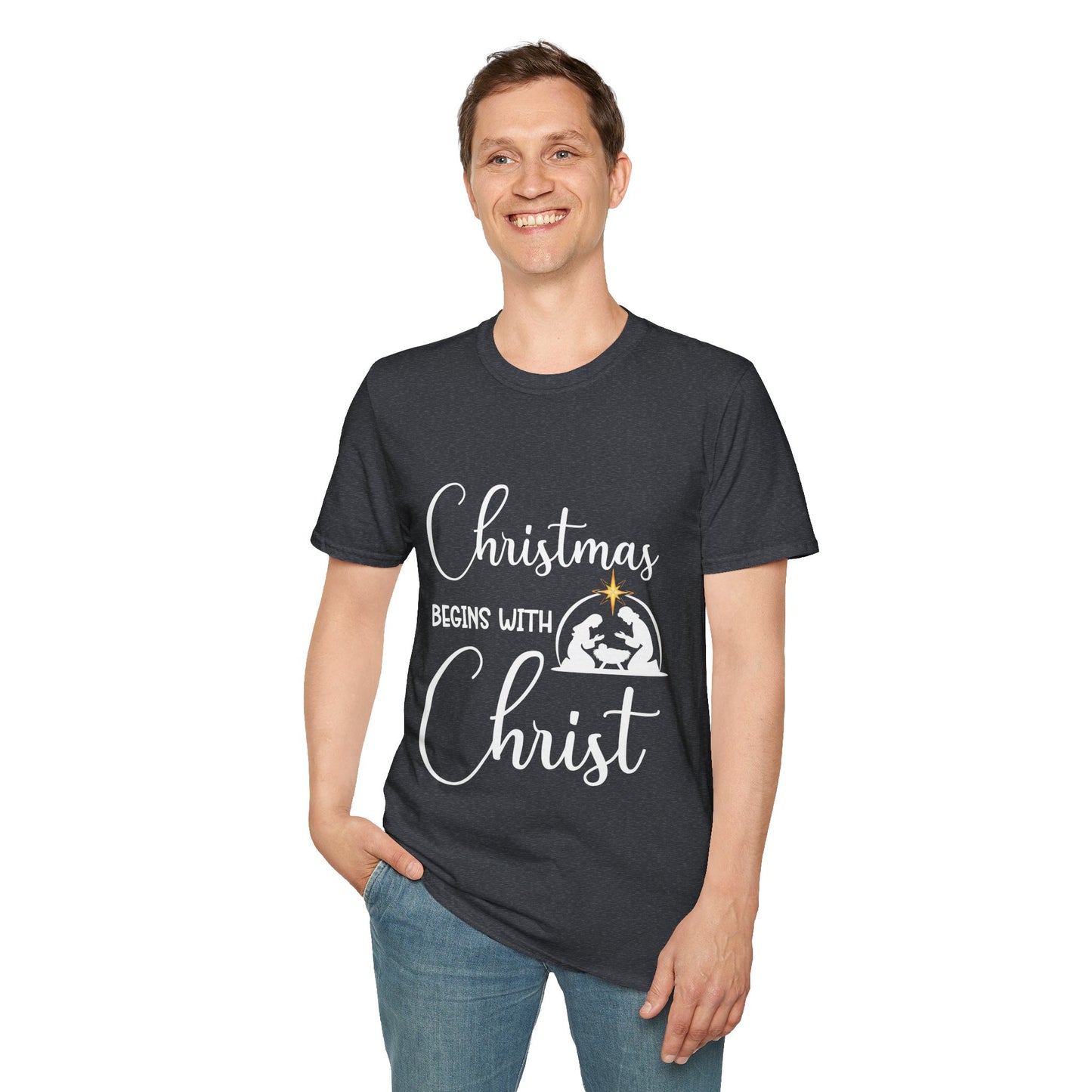 Christmas Begins with Christ Men's Tshirt (White/Gold Logo)