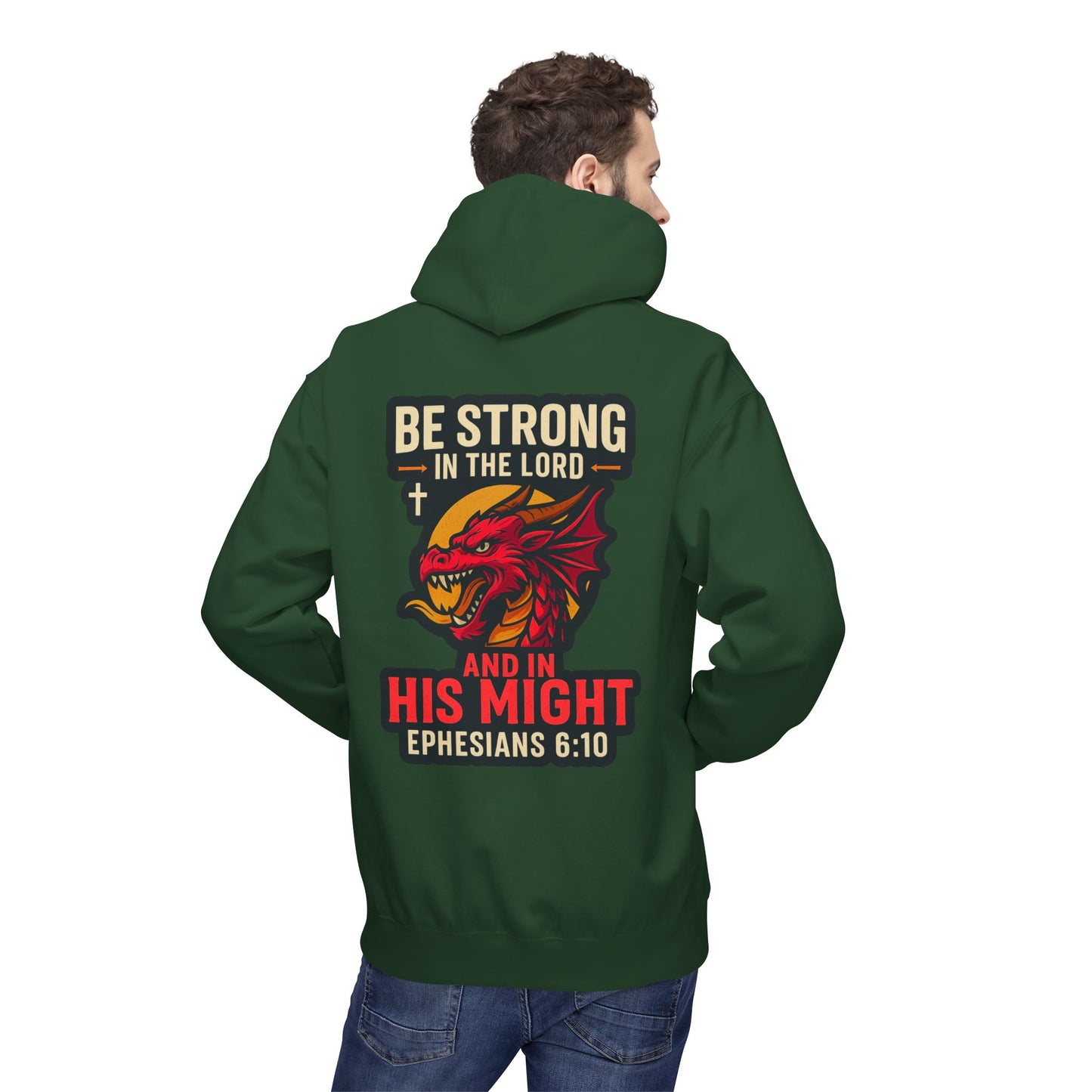 "Be Strong" Bible Verse Dragon Fleece Hoodie (Back Logo)