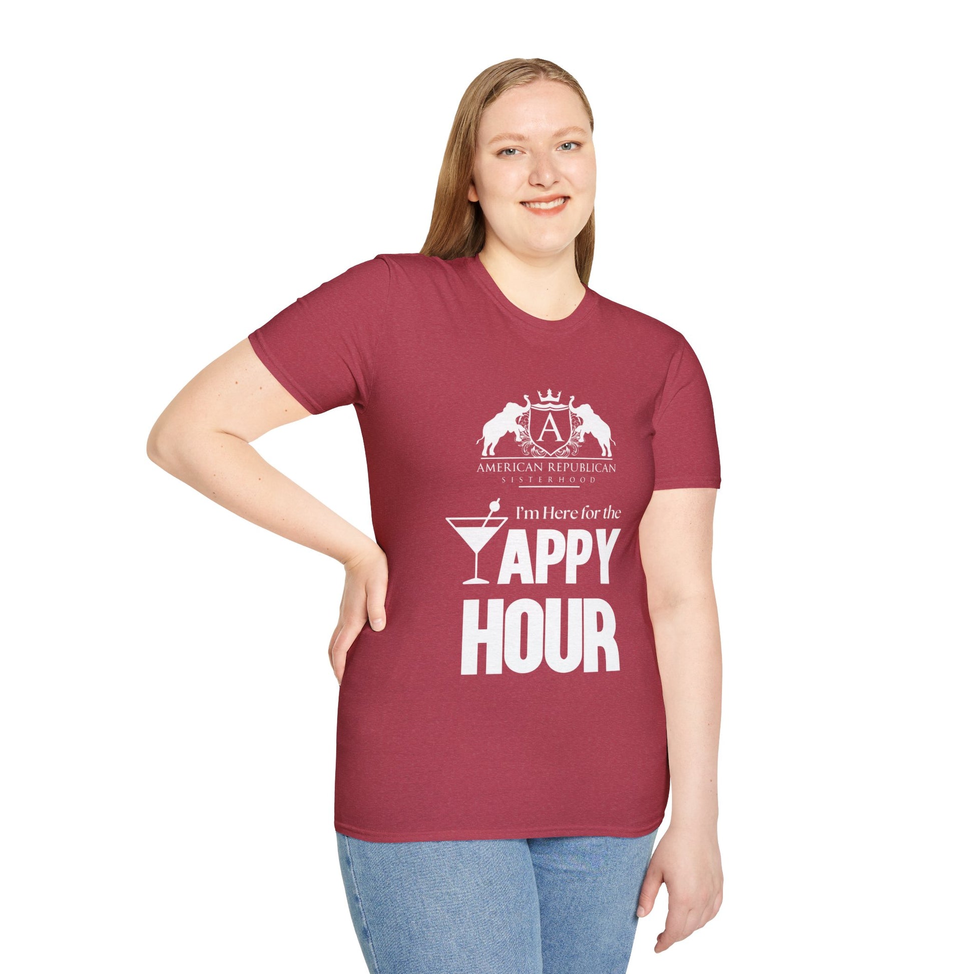 Here for the Yappy Hour Women's Unisex/Relaxed Tshirt (ARS-White Logo) - Sweet Baby Jeez Teez