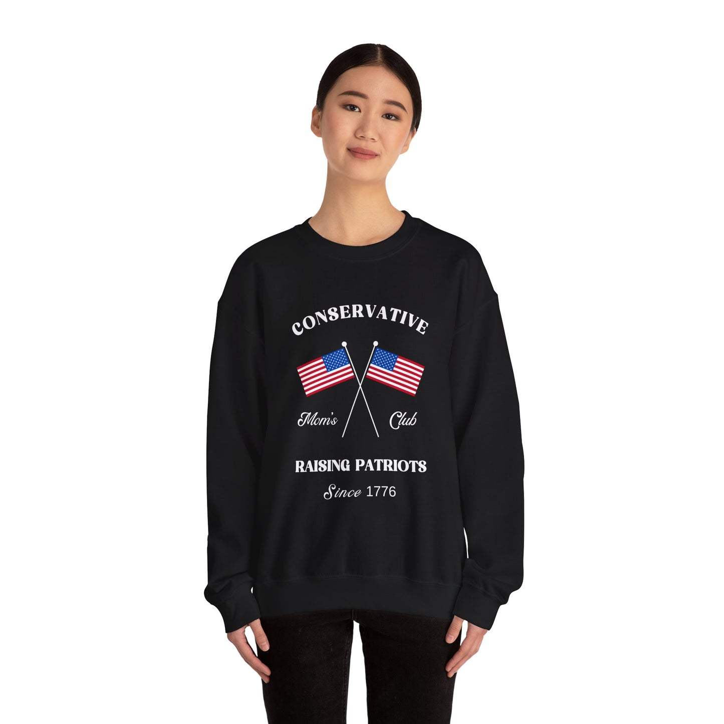 Conservative Mom's Club Crewneck Sweatshirt - Raising Patriots Since 1776 (White Logo) - Sweet Baby Jeez Teez