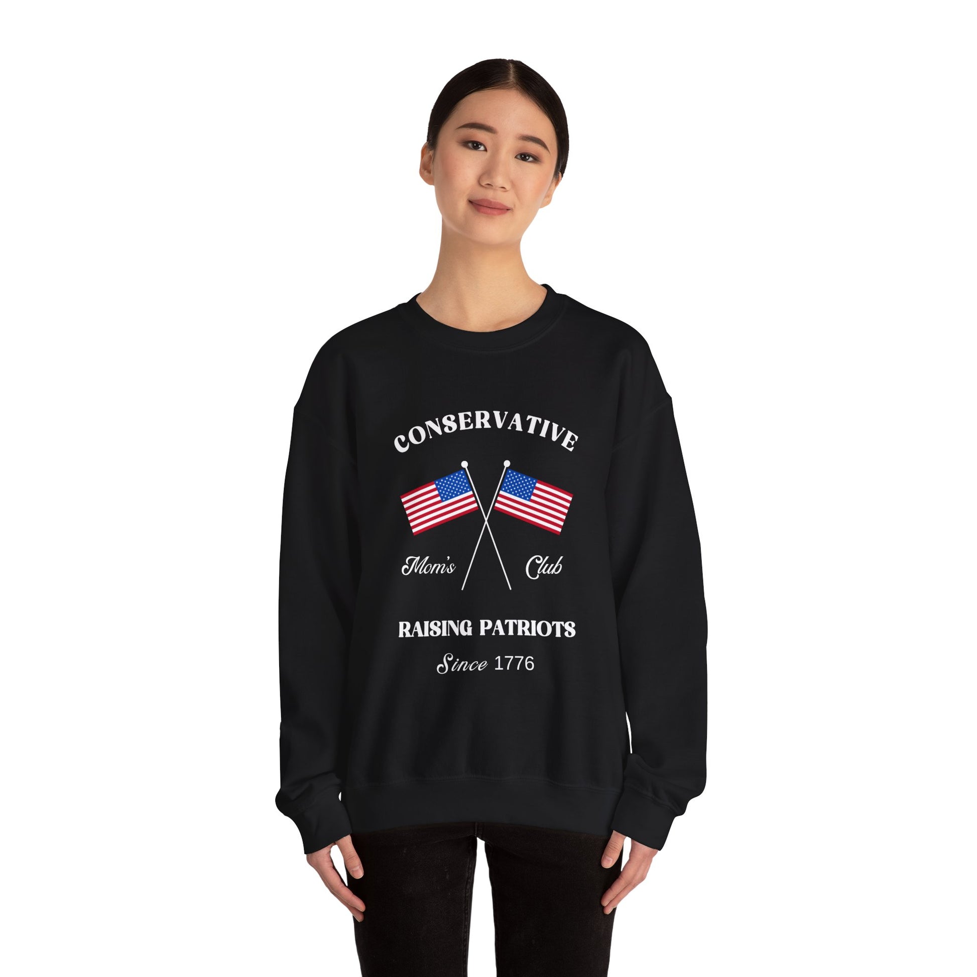 Conservative Mom's Club Crewneck Sweatshirt - Raising Patriots Since 1776 (White Logo) - Sweet Baby Jeez Teez