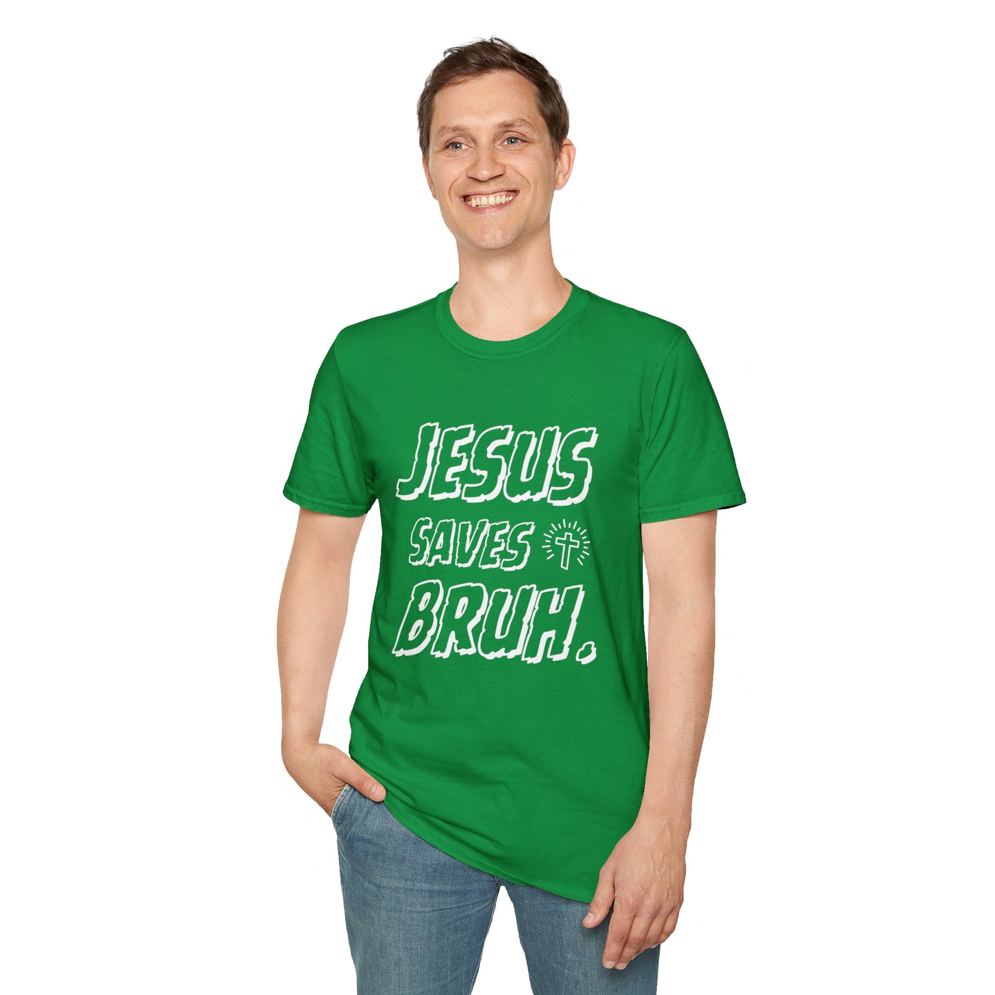Jesus Saves Bruh Men's Tshirt (White Logo) - Sweet Baby Jeez Teez