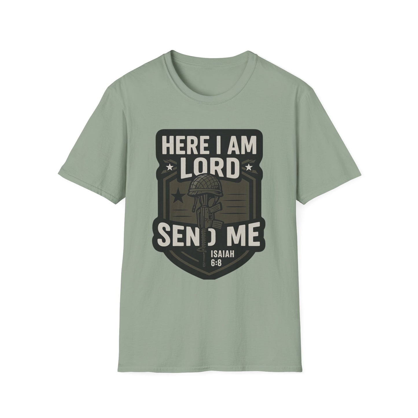 "Here I Am Lord Send Me" Bible Verse Inspirational Faith T-Shirt (Military Logo)