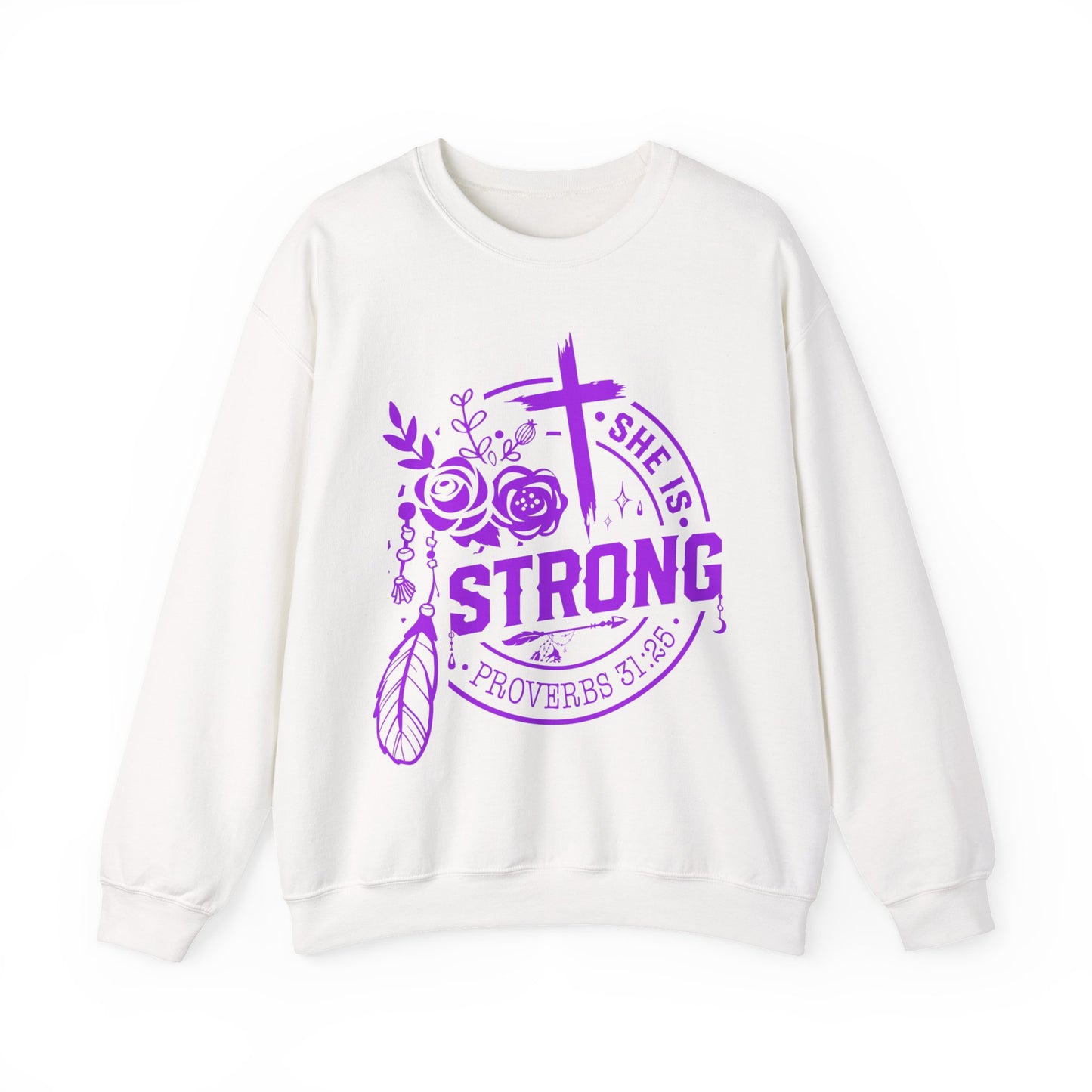 "She is Strong" Proverbs 31:25 Bible Verse Women's Sweatshirt (Hot Pink Logo)