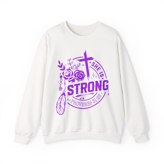 "She is Strong" Proverbs 31:25 Bible Verse Women's Sweatshirt (Hot Pink Logo)