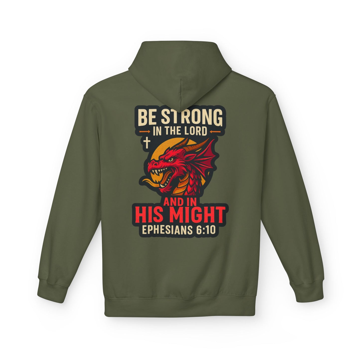 "Be Strong" Bible Verse Dragon Fleece Hoodie (Back Logo)
