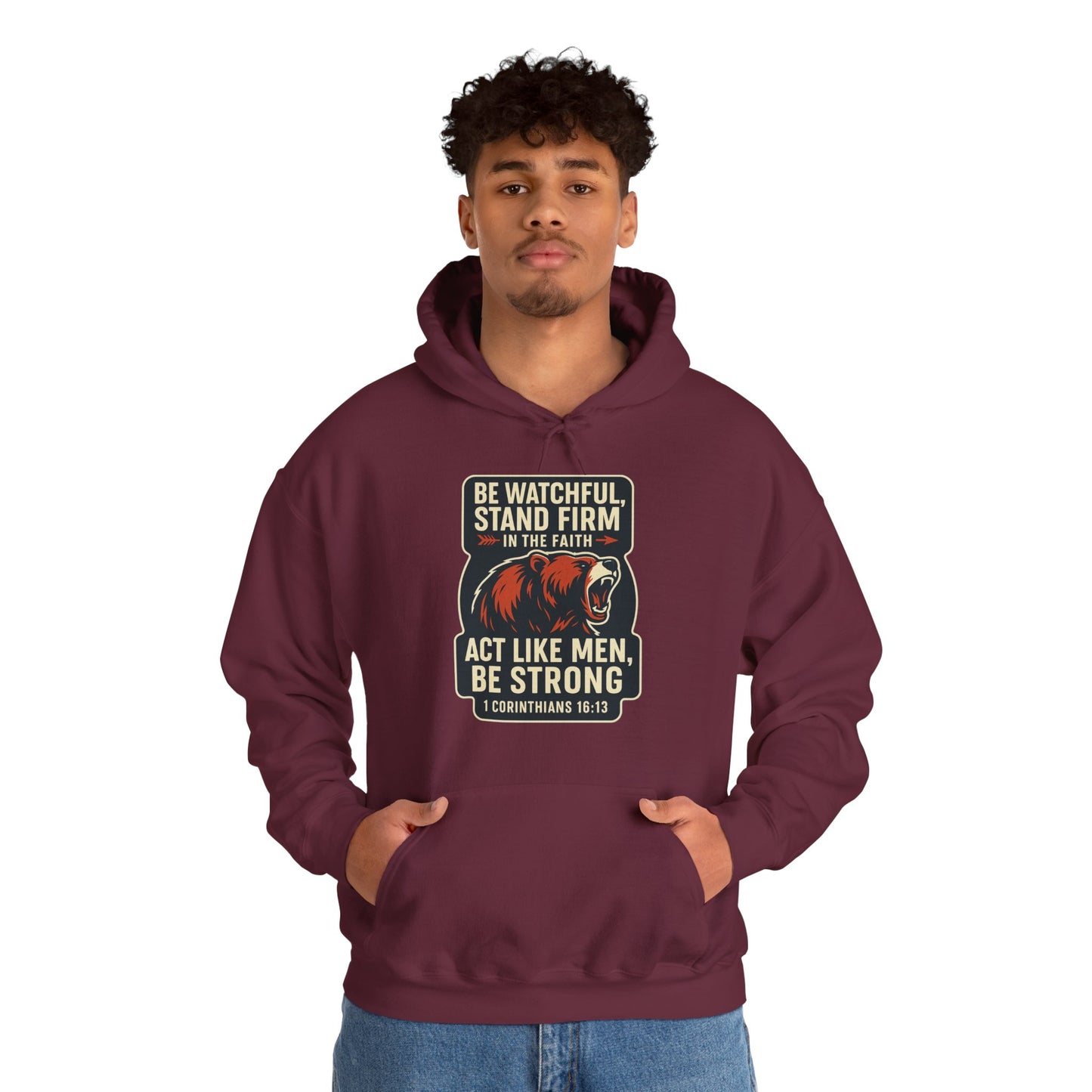 "Stand Firm in Faith" Bear Bible Verse Hoodie Sweatshirt