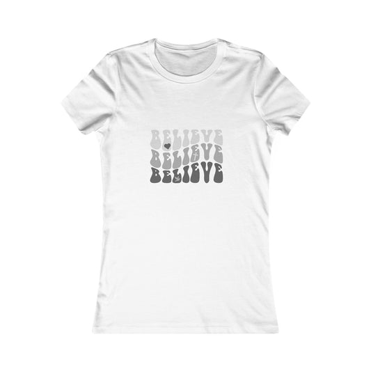 Believe Womens Fitted Tshirt (Grayscale Logo) - Sweet Baby Jeez Teez