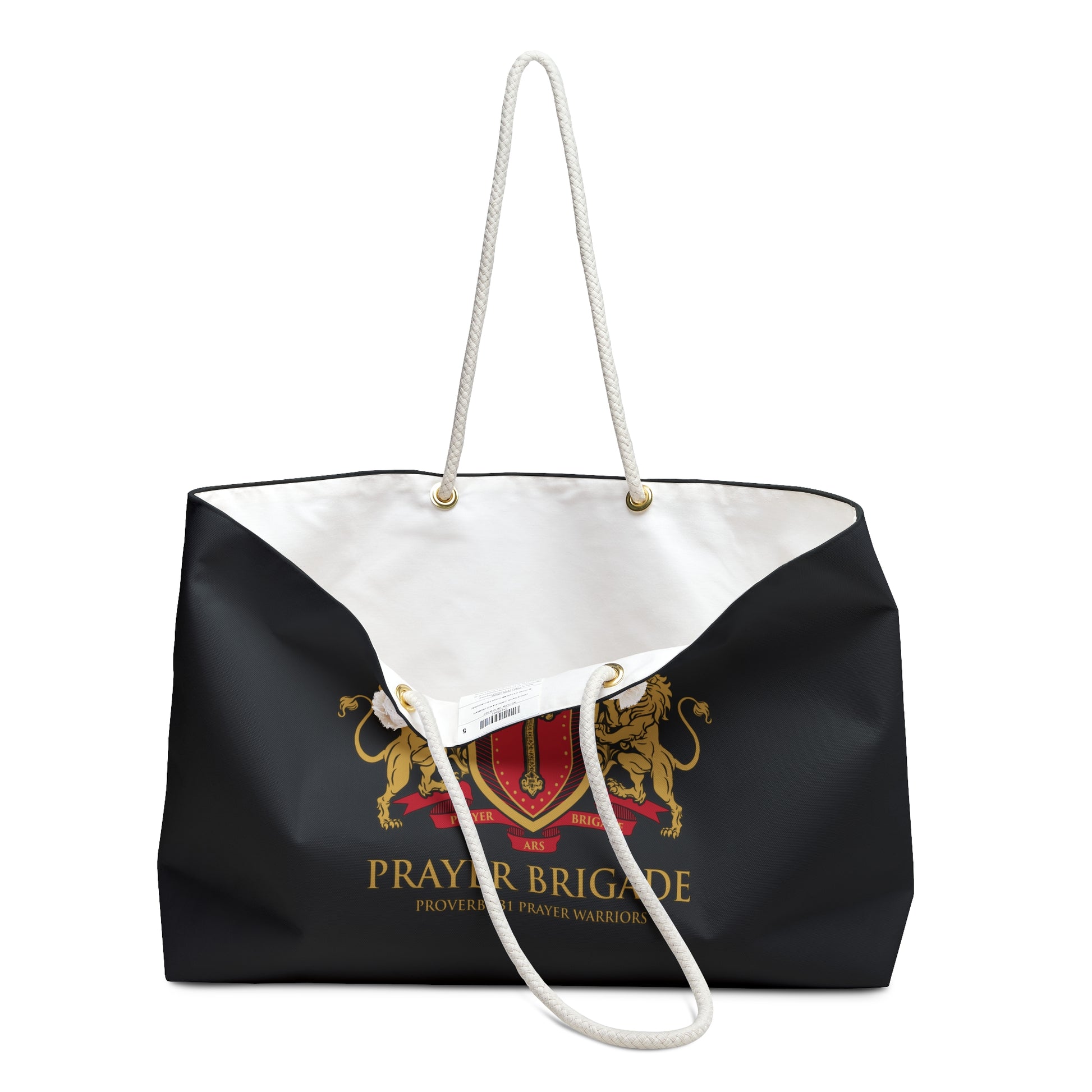 Prayer Brigade Weekender Bag - Stylish Travel Tote with Lion Crest Design - Sweet Baby Jeez Teez