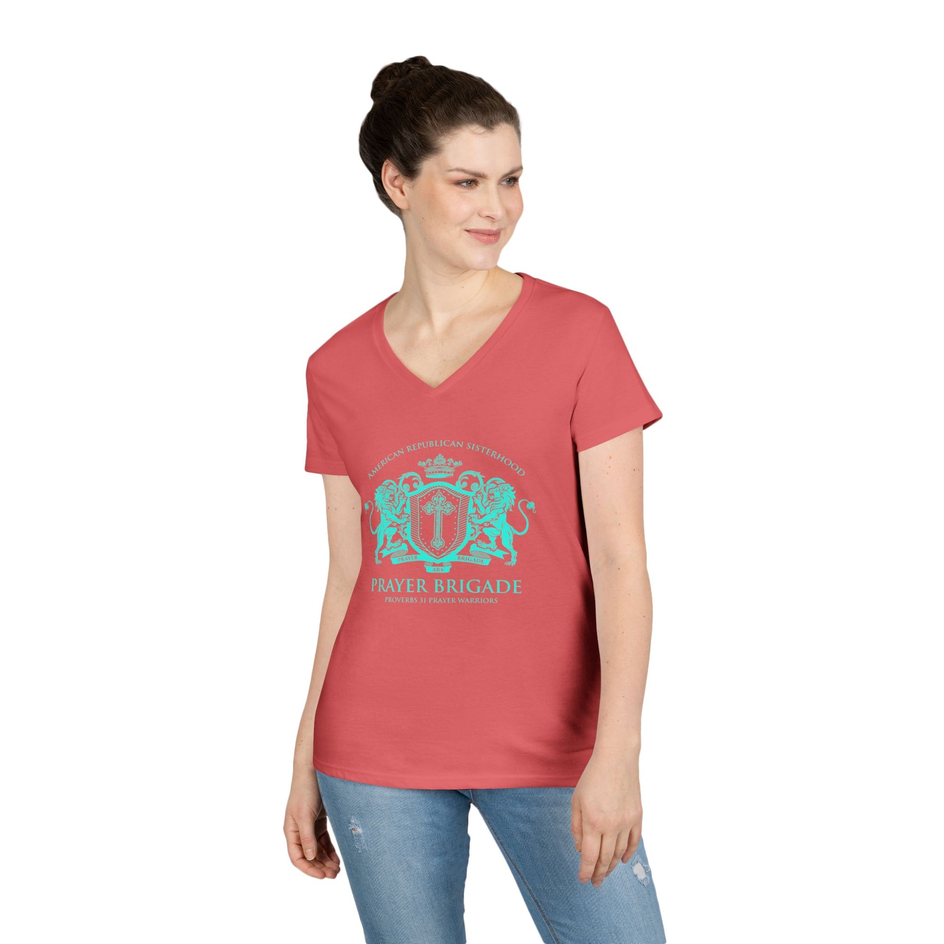 ARS Prayer Brigade Ladies' V-Neck T-Shirt (Purple with Aqua Logo) - Sweet Baby Jeez Teez