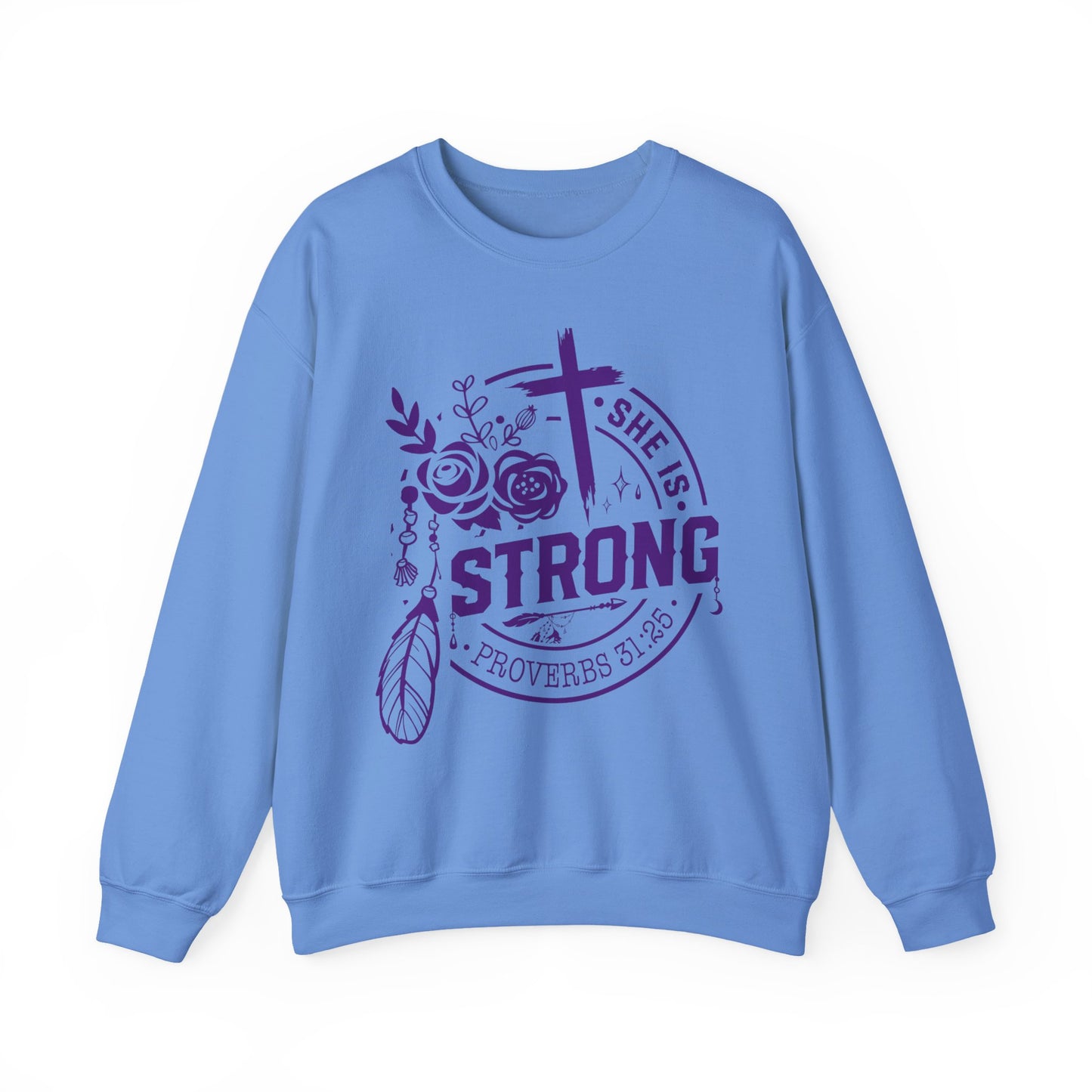 "She is Strong" Proverbs 31:25 Bible Verse Women's Sweatshirt (Plum Logo)