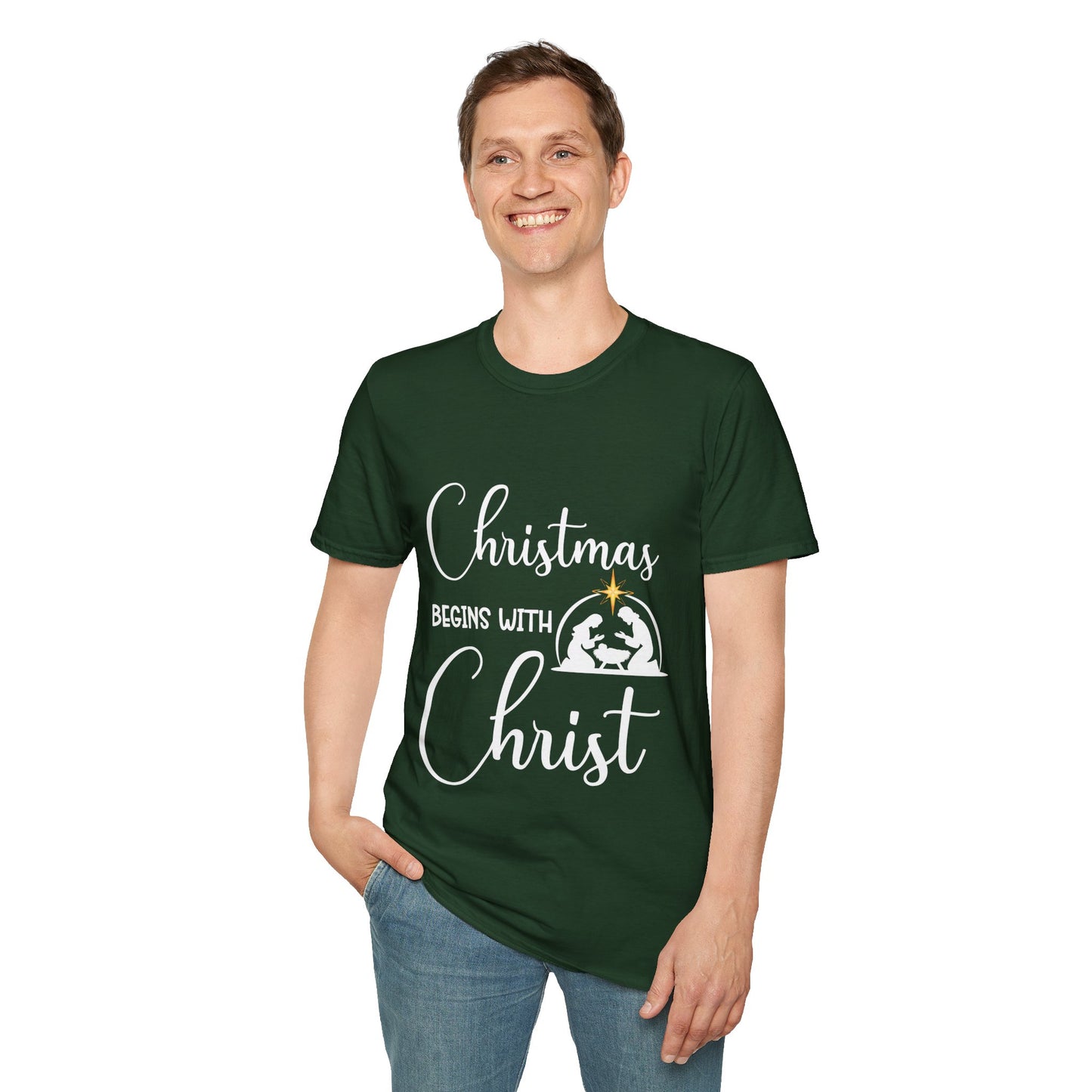 Christmas Begins with Christ Men's Tshirt (White/Gold Logo)