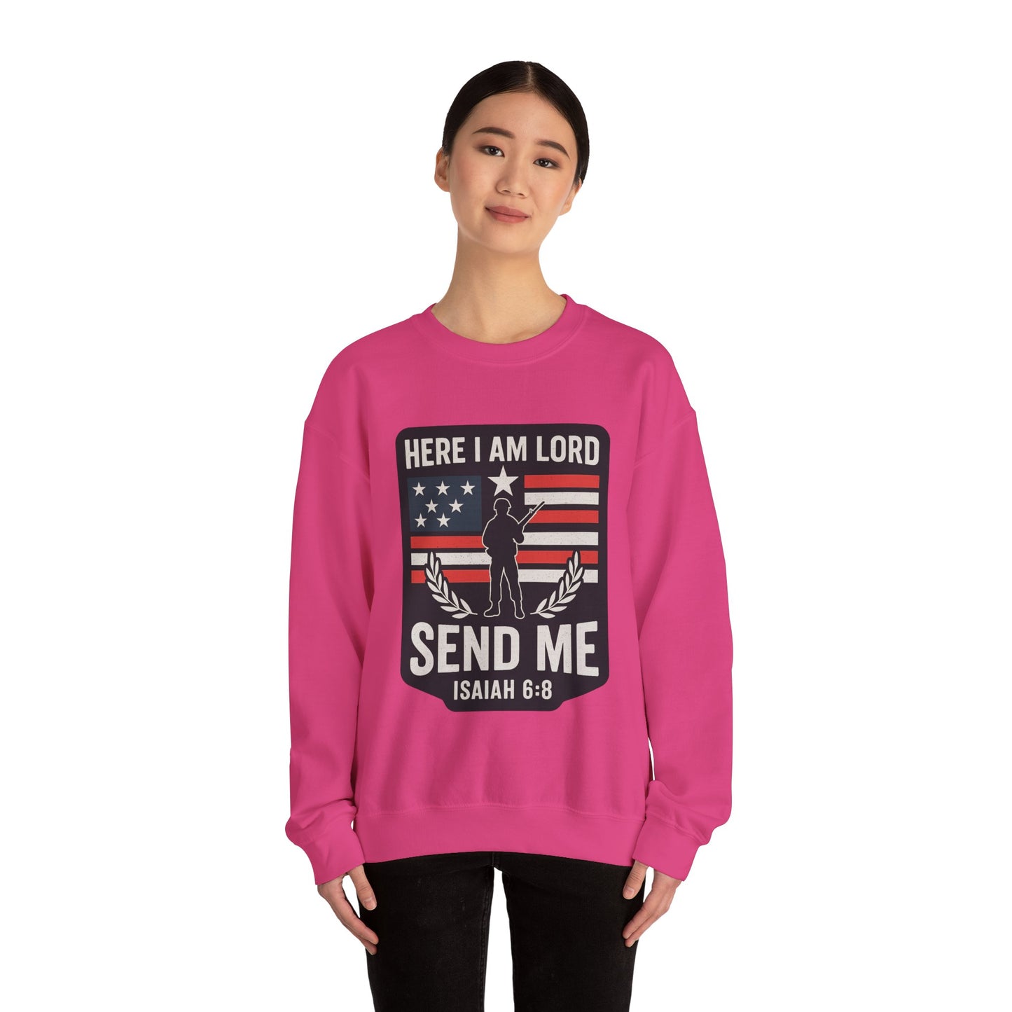 "Here I Am Lord" Isaiah 6:8 Bible Verse Christian Sweatshirt (Soldier Logo)