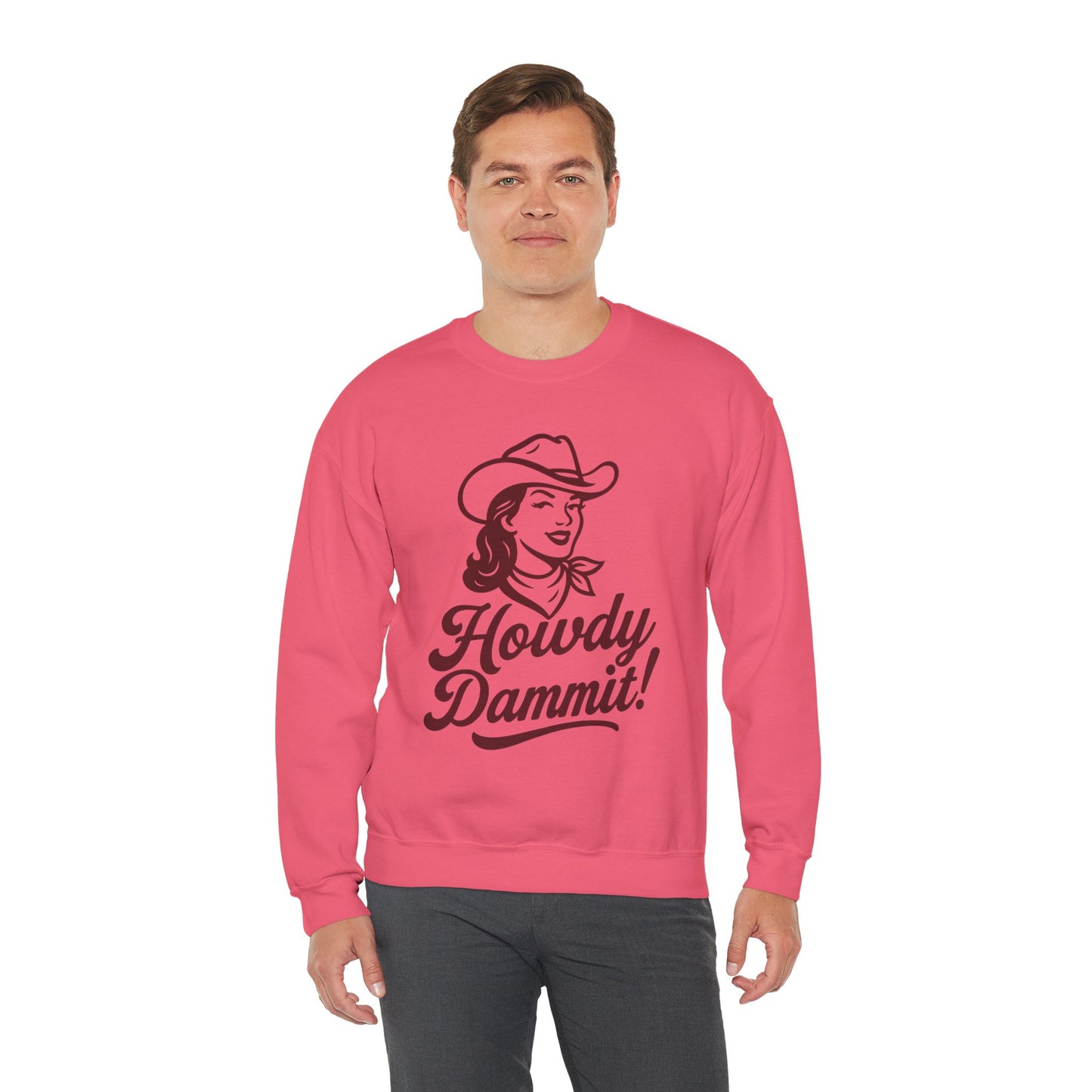 Howdy Dammit! Aggie Texas Cowgirl Cozy Unisex Sweatshirt (Maroon Logo)