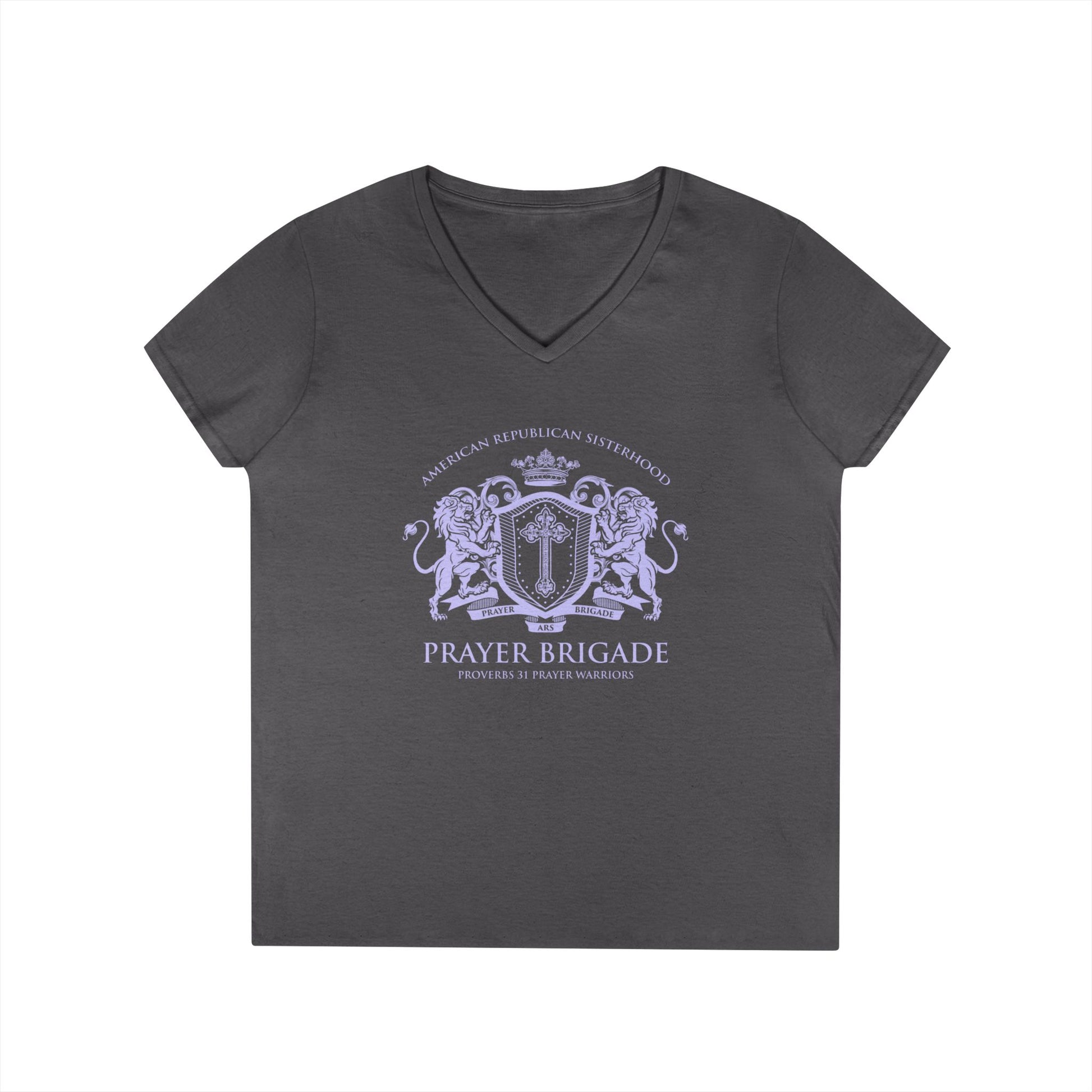 ARS Prayer Brigade Ladies' V-Neck T-Shirt (Pink with Lilac Logo) - Sweet Baby Jeez Teez