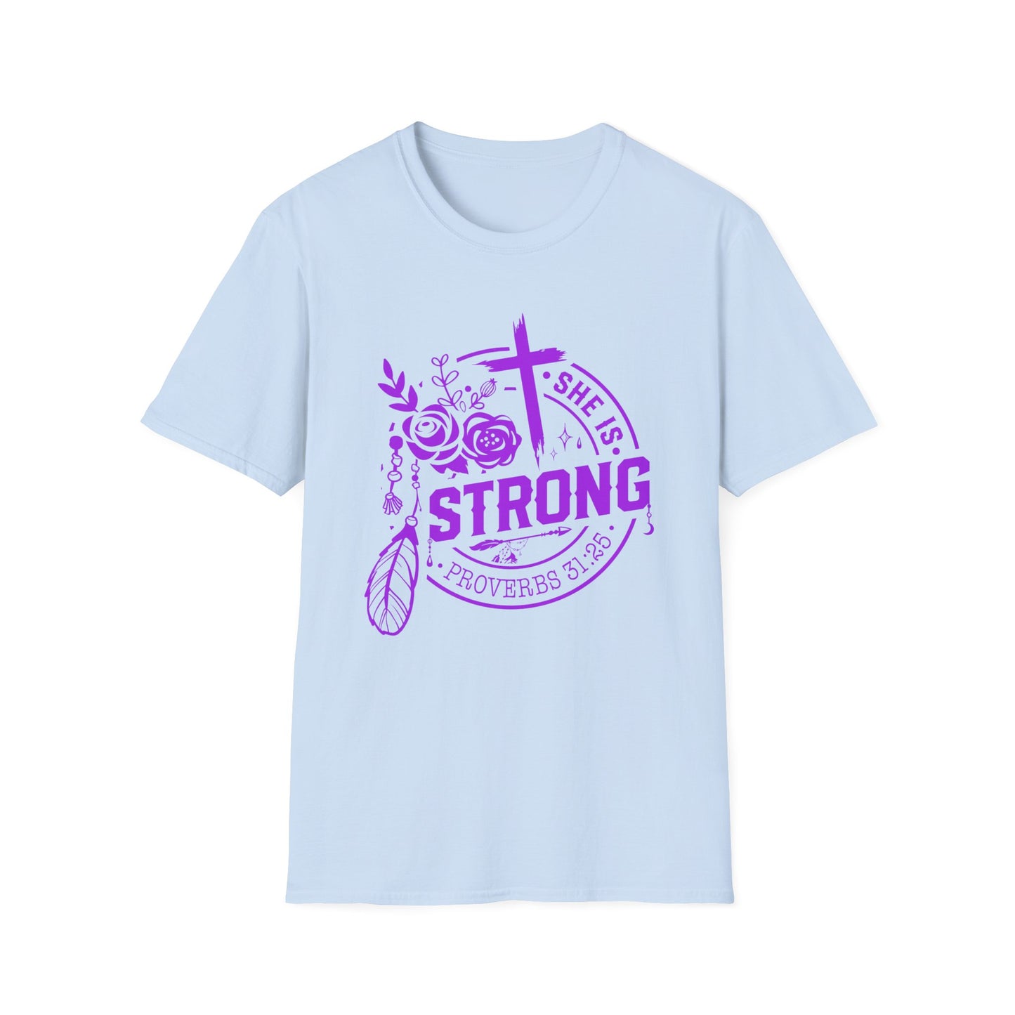 "She is Strong" Proverbs 31:25 Bible Verse Relaxed Tshirt (Hot Pink Logo)