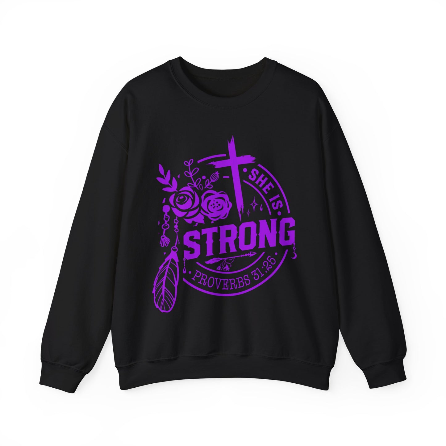 "She is Strong" Proverbs 31:25 Bible Verse Women's Sweatshirt (Hot Pink Logo)