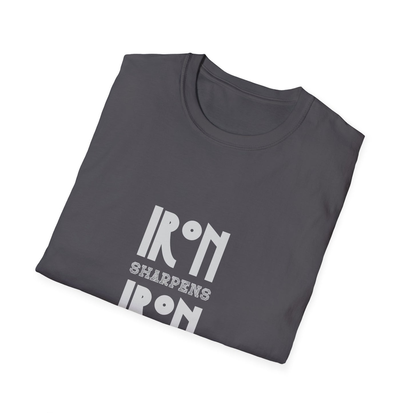 "Iron Sharpens Iron" Bible Verse Christian Inspirational Softstyle Tshirt (Gray Logo)