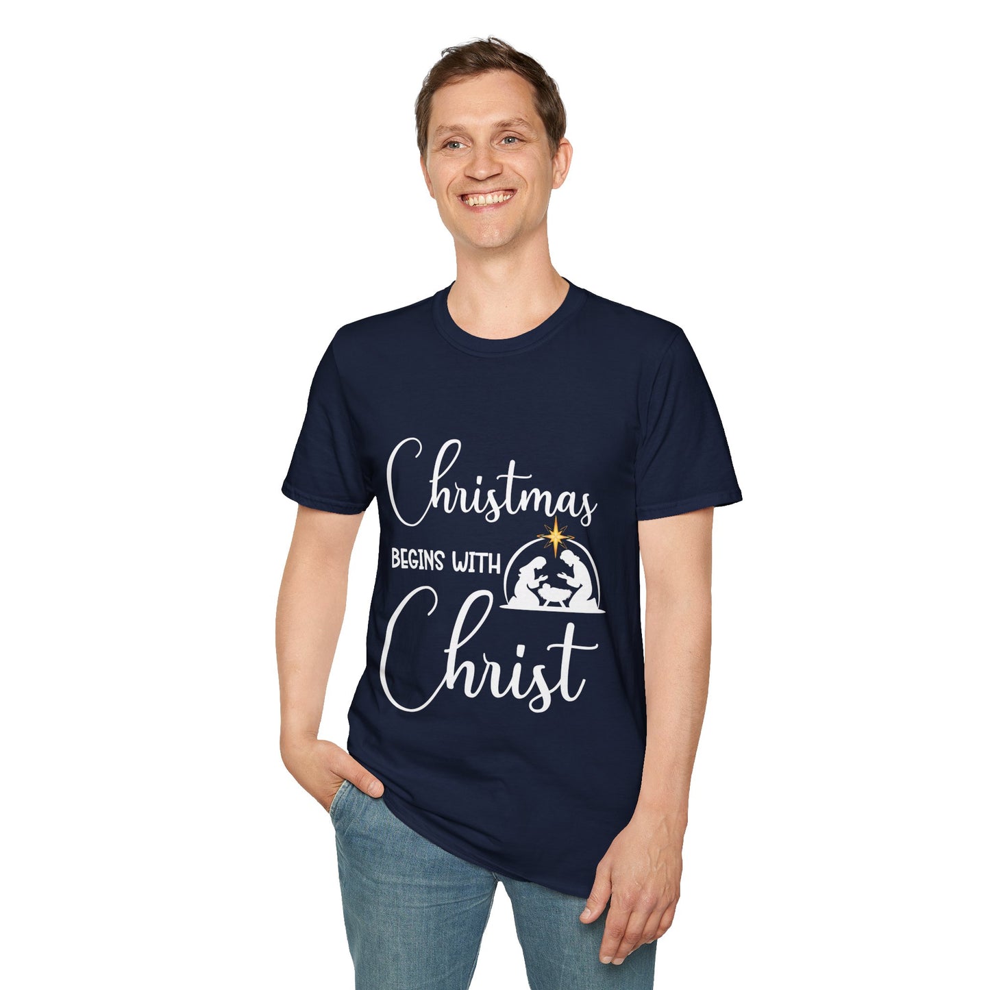 Christmas Begins with Christ Men's Tshirt (White/Gold Logo)