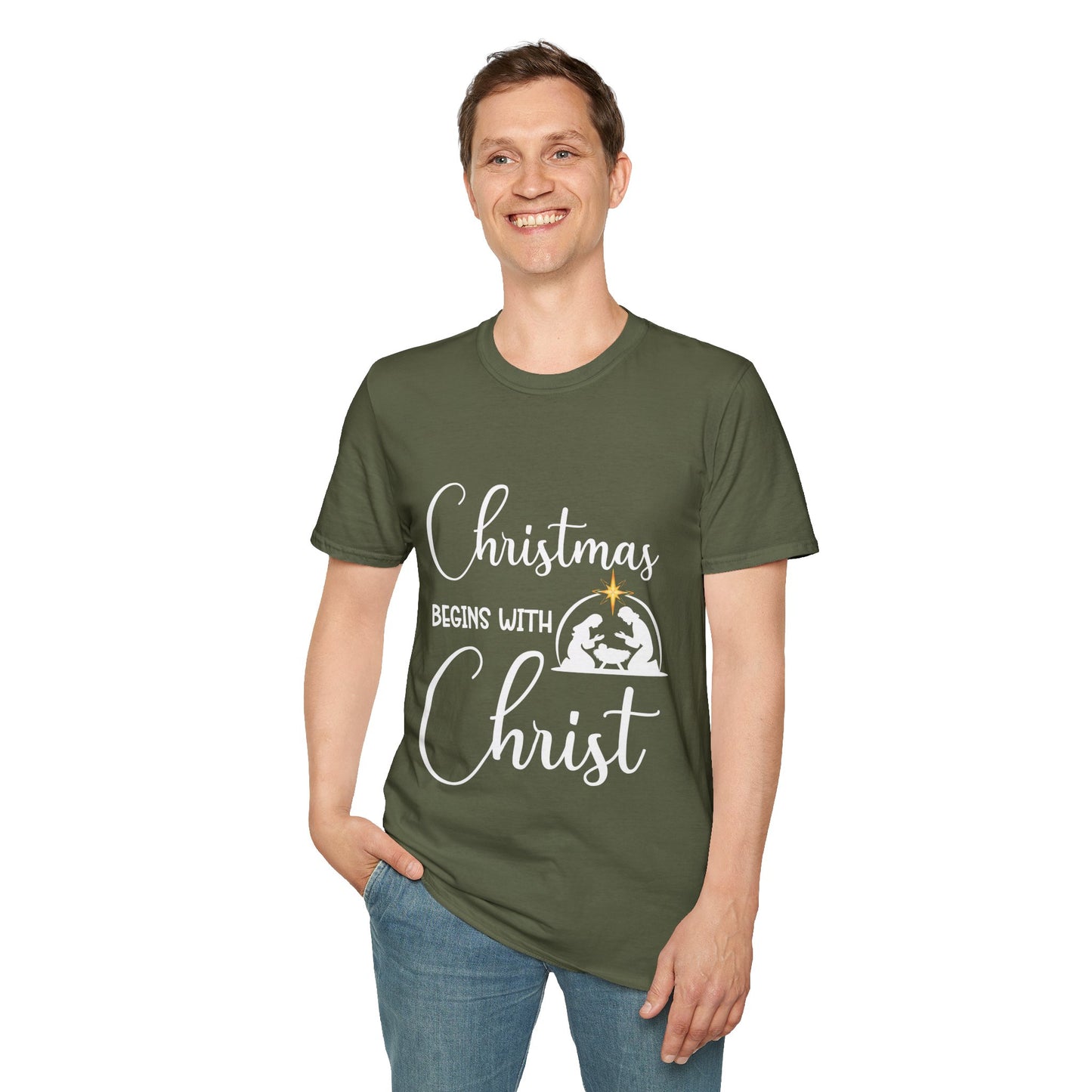 Christmas Begins with Christ Men's Tshirt (White/Gold Logo)