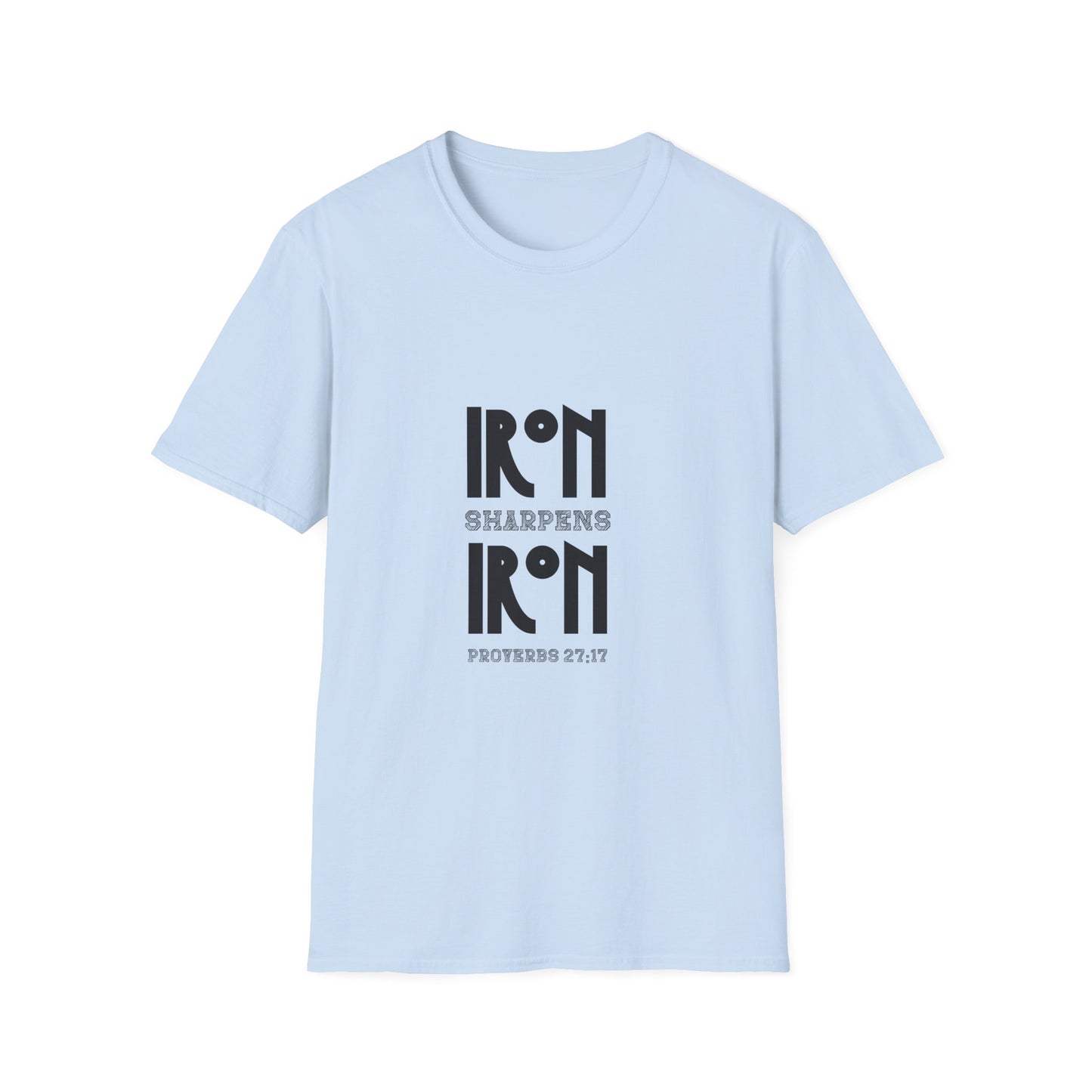 "Iron Sharpens Iron" Bible Verse Christian Inspirational Softstyle Tshirt (Black Logo)