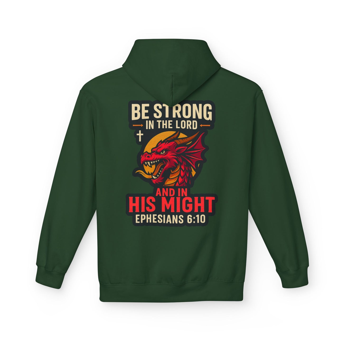 "Be Strong" Bible Verse Dragon Fleece Hoodie (Back Logo)