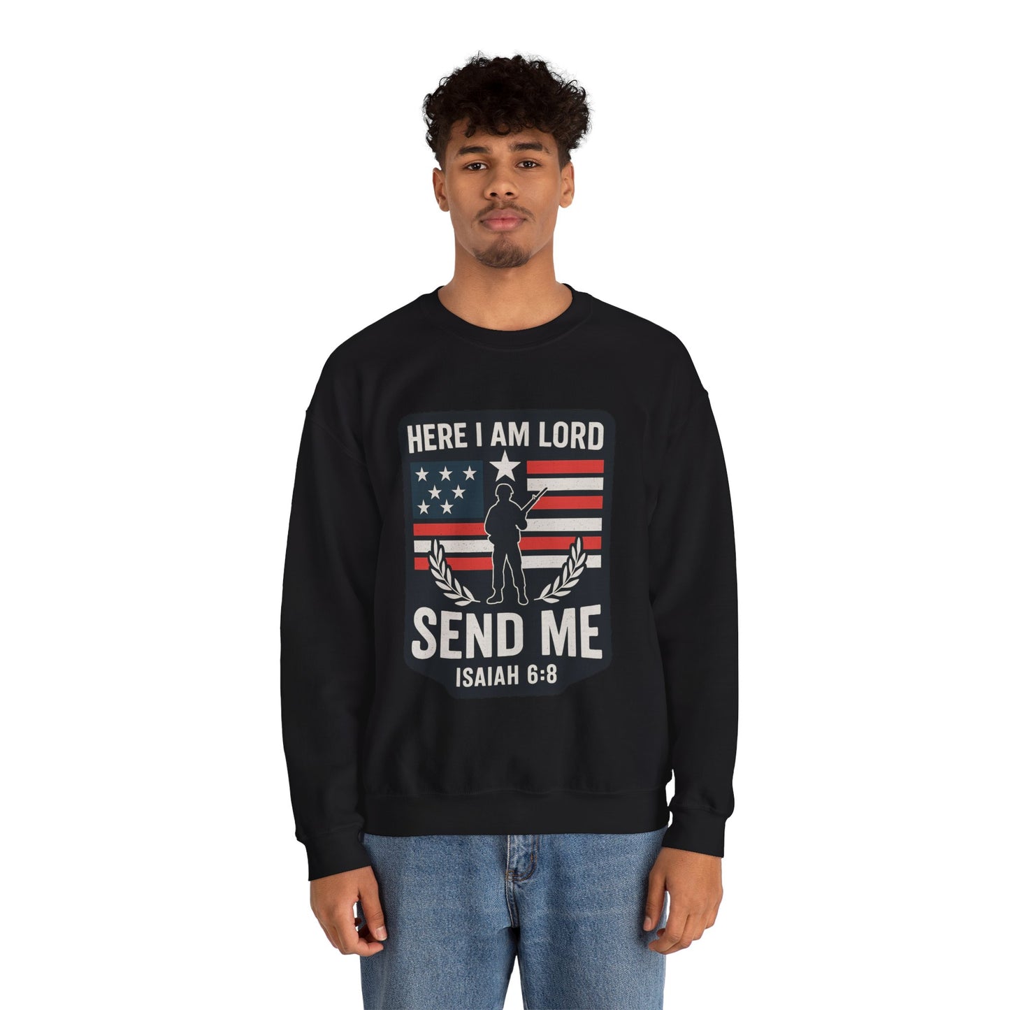 "Here I Am Lord" Isaiah 6:8 Bible Verse Christian Sweatshirt (Soldier Logo)