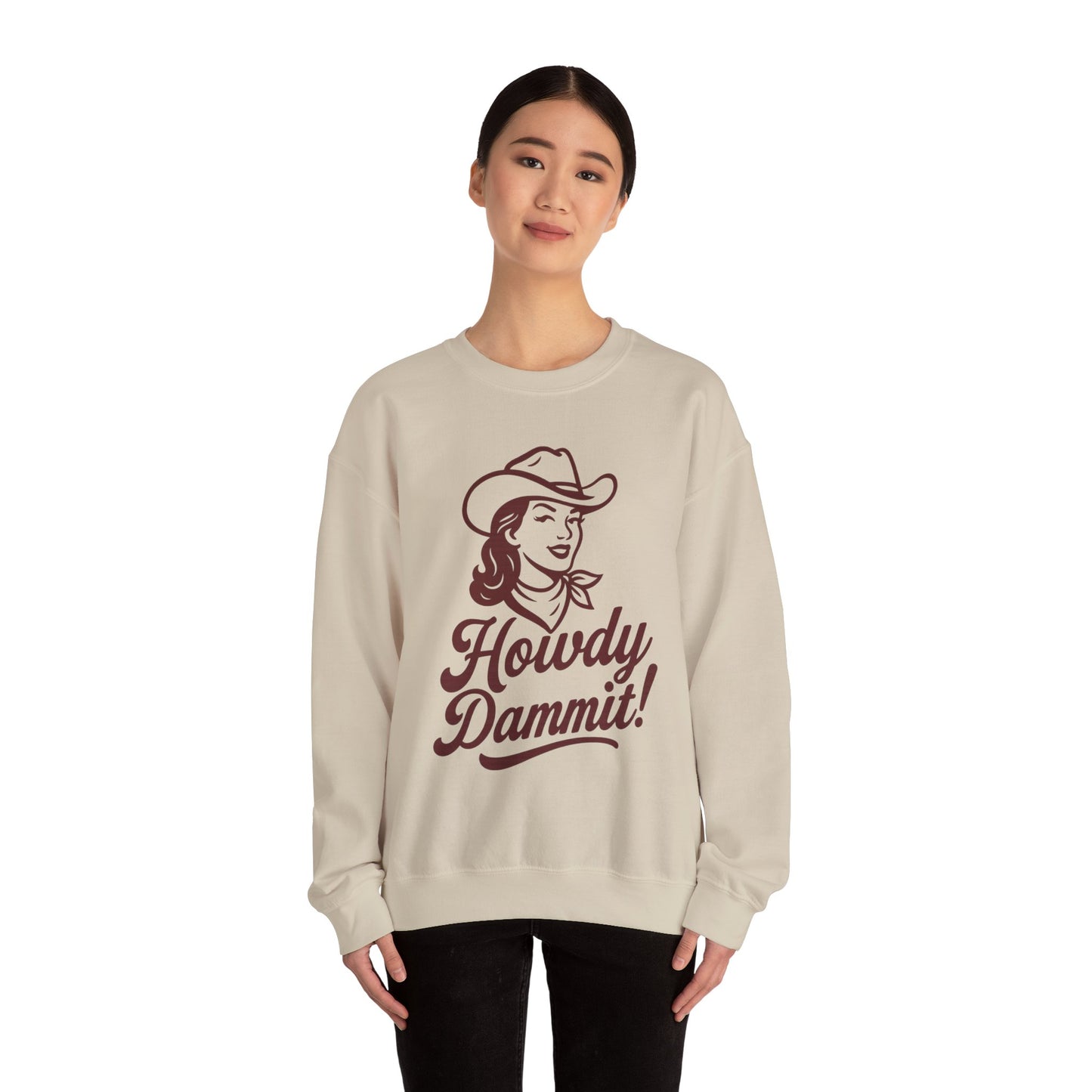 Howdy Dammit! Aggie Texas Cowgirl Cozy Unisex Sweatshirt (Maroon Logo)